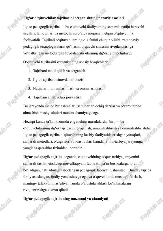 ki onlayn platformalar orqali boshqalar bilan bo‘lishiladi. ilg‘or tajriba o‘rganishning nazariy asoslari ilg‘or o‘qituvchilar faoliyatini o‘rganish nazariy jihatdan pedagogika, didaktika, psixologiya, hamda metodik tahlil fanlariga tayangan holda amalga oshiriladi. ushbu fanlar ta’lim jarayonini ilmiy asosda tashkil etish, o‘quvchi shaxsini rivojlantirishga qaratilgan metodlarni tanlashda nazariy asos vazifasini bajaradi. masalan, didaktik tamoyillar — ta’limning ilmiyligi, tizimliligi, ko‘rgazmaliligi, individual yondashuv, o‘quvchilarning faol ishtirokini ta’minlash kabi qoidalar ilg‘or o‘qituvchilar ish faoliyatida asosiy mezon hisoblanadi. shu bilan birga, psixologik yondashuvlar orqali o‘quvchilarning yosh xususiyatlarini inobatga olgan holda ta’lim berish ilg‘or tajribani samarali qiladi. ilg‘or o‘qituvchilar tajribasini o‘rganishning ahamiyati boshlang‘ich ta’limda ilg‘or tajriba o‘rganishning asosiy maqsadi — ta’lim sifati va o‘qitish samaradorligini oshirishdir. chunki 1–4-sinflarda matematika darslari nafaqat hisoblash ko‘nikmasini shakllantiradi, balki o‘quvchining tafakkuri, kuzatuvchanligi, mustaqil fikrlashi, sabr-toqati va tahliliy fikrlashini rivojlantiradi. ilg‘or o‘qituvchilar o‘z tajribalarida: · interfaol metodlardan (“aqliy hujum”, “zanjirli misollar”, “top va joylashtir” o‘yinlari); · ko‘rgazmali vositalar va texnik vositalardan; · axborot texnologiyalari …