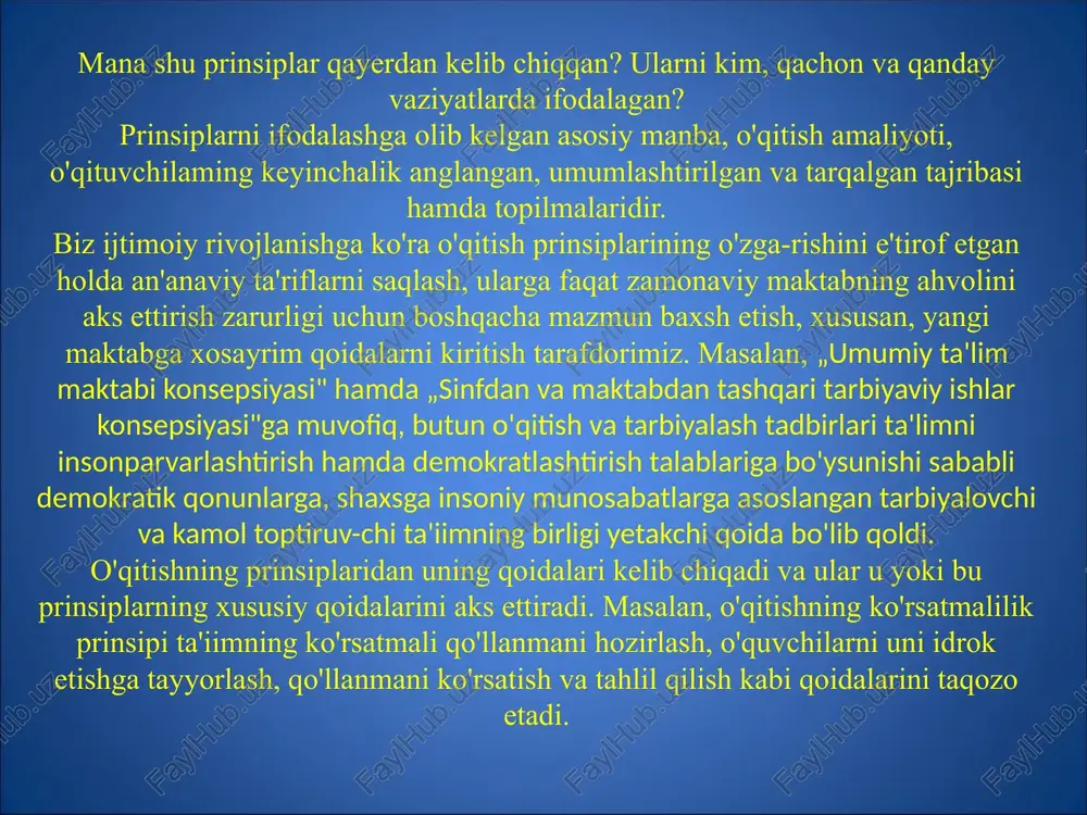 igan yo'llarni, ya'ni hozirgi za-mon kishisi uchun zarar bilimlarni qaysi usullar bilan o'zlashtirish mumkinligini bilish. 4. fanning faktlari hamda qonuniyatlarini ravshan va chuqur tushunish, o'quv materialiarining bola ongida qayta ishlanishi va uning o'z boyligiga aylanishi, olingan bilimlarni hayotda qo'llay bilish. ta'limda onglilik va faollik qoidasi ko'rsatmalilik prinsipi bihshning birinchi pog'onasi — jonli mushohada, ya'ni te-varak-atrofdagi narsalarva hodisalarni idrok etishdir. ko'rsatmalilik prinsipi idrok etishni osonlashtirishi va nazariy bilimlarni hayot, amaliyot bilan bog'lash imkonini beradi. bu prinsip o'rganilayotgan hodisalarga qiziqishni oshiradi, bilimlarni puxtaroq egallashga yor-dam beradi. ibn sinoning qayd qilishicha, inson o'zining o'quv mashg'u-lotlari boshlanishida, narsaning tashqi xossalarini o'rganishda, uning aslini va tasvirini ko'rib, o'zicha bevosita bilimlarni hosil qilishi mumkin. har qanday fanda awalo, narsalarning ta'rifi zarur. ularning mavjudligini esa pirovard natijada isbotlash vositasida bili-nadi, chunki ular mazkur fan aniqlaydigan hodisalardan iborat bo'ladi1. ibn sinoning ana shu xulosasi o'qitishdagi ko'rsatma-lilikning faqat bir jihatini yoritadi, xolos. xulosada awalo inson mavjud narsalarni yoki ularning …