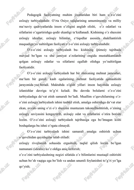 r oldida o’zlarini qanday tutishiga, o’z maqsadlarini qanday so’zlar bilan tushuntirishlariga katta ahamiyat berishgan. ular farzandlarining qo’rslik qilishi, kattalar suhbatiga aralashishi, nojo’ya ishlariga zinhor-bazinhor yo’l qo’ymaganlar. bu kabilarga farzand tarbiyasining eng muhim tomoni deb qaraganlar. ammo, ming taassufki, yaqin tariximizda sharqona tarbiya, axloq-odobning ming yillik tajribalaridan «eskilik sarqiti» deb voz kechdik, o’zligimizni unutayozdik. sharqona odob ming yillar maboynida islomiy tarbiya qoidalari asosida tarkib topib, takomillashib borganligi tarixdan ma‘lum. jumladan, qur‘oni karim oyatlari mazmuni, payg’ambar alayhissalom hadislari, sharq allomalari va faylasuflarining hikmatomuz kitoblari tarbiyamizning manbai bo’lib xizmat qilgan. islomiy tarbiya musulmonlar hayotining barcha qirralarini, hatto mayda jihatlarigacha qamrab olgan. u go’daklarni emizishdan tortib, qanday kiyintirishgacha, ovqatlanish odobidan tortib, ko’cha-ko’yda, kattalar oldida o’zini qanday tutish lozimligigacha barcha jihatlarni o’z ichiga olgan. eng asosiysi, islomiy odob farzandlarning halol, pok, mehnatkash, ilmga intiluvchi, kattalarni, ayniqsa, ota-onani hurmatlash ruhida tarbiyalashni shart qilib qo’ygan. masalan, rasululloh hadislarida: «farzandlaringizni izzat-ikrom qilish bilan birga axloq-odobini ham yaxshilanglar!», «hech …