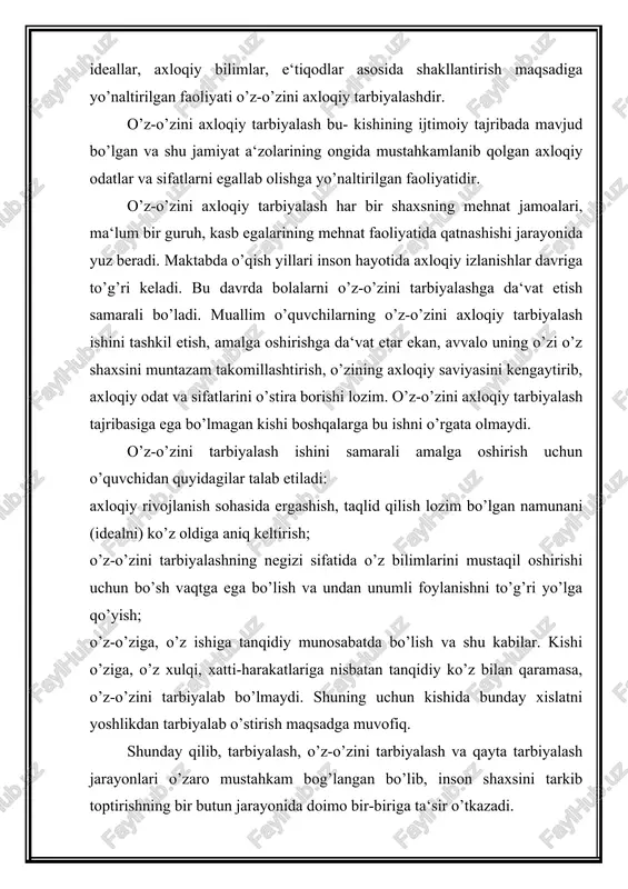 rini qanday tutishiga, o’z maqsadlarini qanday so’zlar bilan tushuntirishlariga katta ahamiyat berishgan. ular farzandlarining qo’rslik qilishi, kattalar suhbatiga aralashishi, nojo’ya ishlariga zinhor-bazinhor yo’l qo’ymaganlar. bu kabilarga farzand tarbiyasining eng muhim tomoni deb qaraganlar. ammo, ming taassufki, yaqin tariximizda sharqona tarbiya, axloq-odobning ming yillik tajribalaridan «eskilik sarqiti» deb voz kechdik, o’zligimizni unutayozdik. sharqona odob ming yillar maboynida islomiy tarbiya qoidalari asosida tarkib topib, takomillashib borganligi tarixdan ma‘lum. jumladan, qur‘oni karim oyatlari mazmuni, payg’ambar alayhissalom hadislari, sharq allomalari va faylasuflarining hikmatomuz kitoblari tarbiyamizning manbai bo’lib xizmat qilgan. islomiy tarbiya musulmonlar hayotining barcha qirralarini, hatto mayda jihatlarigacha qamrab olgan. u go’daklarni emizishdan tortib, qanday kiyintirishgacha, ovqatlanish odobidan tortib, ko’cha-ko’yda, kattalar oldida o’zini qanday tutish lozimligigacha barcha jihatlarni o’z ichiga olgan. eng asosiysi, islomiy odob farzandlarning halol, pok, mehnatkash, ilmga intiluvchi, kattalarni, ayniqsa, ota-onani hurmatlash ruhida tarbiyalashni shart qilib qo’ygan. masalan, rasululloh hadislarida: «farzandlaringizni izzat-ikrom qilish bilan birga axloq-odobini ham yaxshilanglar!», «hech bir ota …