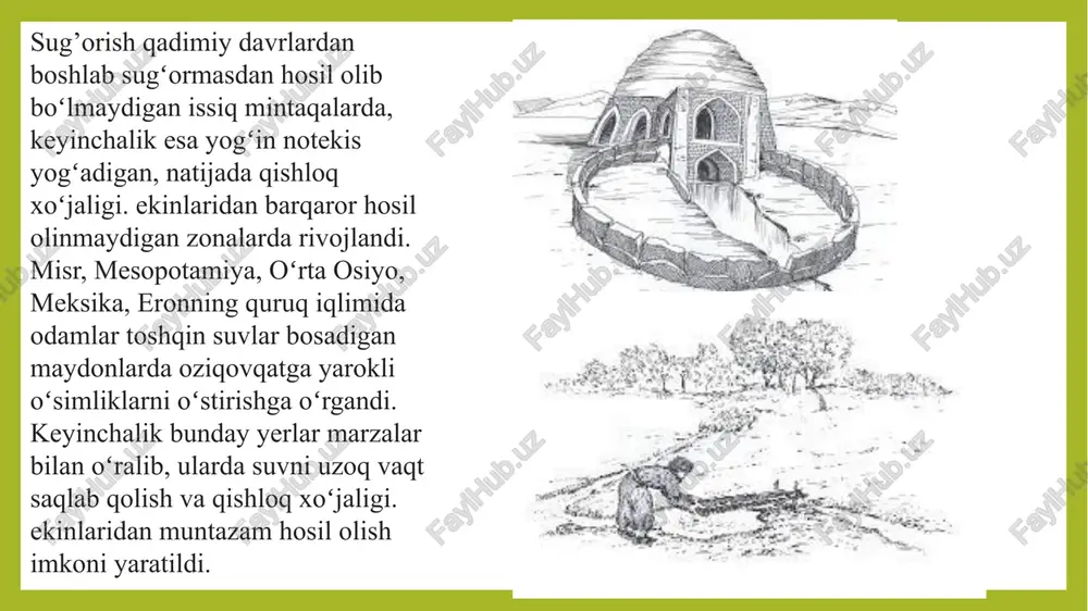 ning yuqori chegarasi krndirib suv berilgan va bugʻlanishdan qimoya qilingan tuproq namligi — toʻliq dala nam sigʻimi hisoblanadi. toʻliq dala nam sigʻimi aksariyat tuproq massasi yoki hajmining 15—36% ini tashkil qiladi. namlikning quyi chegarasi suvtalablik (suv berish oldi) namligi deyiladi. uning miqdori toʻla dala nam sigʻimining 55 dan 85% iga teng boʻlishi mumkin. bunday namlikda navbatdagi suv berishni kechiktirish ekin hosilini kamaytirib yuboradi. suv berish navbatlari oʻsimlik tuproqdagi namga juda talabchan, gʻoyat suvtalab boʻladigan davrda suv bilan taʼminlashni moʻljallab belgilanadi. gʻalla ekinlarda nay oʻrash — boshoq chikarish; gʻoʻzada shonalash — gullash — koʻsak tugish — koʻsakning yetilishi; kungaboqarda savatcha chiqarish — gullash; kartoshkada gʻunchalash — yalpi tuganak tugish fazalari gʻoyat suvtalablik davri hisoblanadi. pomidor, baklajon, shirin garmdori kabi ekinlar yalpi barg chiqarish davrida moʻʼtadil namlik rejimini, mevalari pishish davrida yuqori namlik rejimini talab qiladi, hosilni terish davrida suv berish toʻxtatiladi. 1 ga yerdagi ekinga bir marta berish uchun zarur boʻlgan …