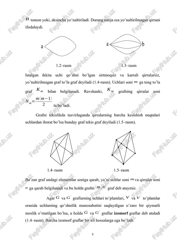 (1.3) ga ko’ra esa (1.5) (1.4) formuladan ko’rinib turibdiki, chap tomon har doim juft son bo’ladi. yuqoridagi formulalardan ko’rish mumkinki, yo’naltirilmagan grafda barcha uchlar lokal darajalar yig’indisi qirralar sonining ikki baravariga teng juft son bo’ladi, chunki qirralarni sanaganda har bir qirra o’zi intsidient bo’lgan uchlarda ikki marta qatnashadi. shunga ko’ra asrdayoq l.eyler tomonidan quyidagicha tasdiq isbotlangan. lemma–1. ixtiyoriy yo’naltirilmagan grafda barcha uchlar darajalari yig’indisi qirralar sonining ikki baravariga teng. 2.2 . eng qisqa yo’llar masalalarining turlari. yo’l tarmoqlari atlasi (karta) qismi berilgan bo’lib, undan a va b nuqtalar orasidagi “eng yahshi” marshrutni topish kerak bo’lsin. “eng yahshi” marshrutni ko’p faktorlar belgilashi mumkin, masalan, tezlik cheklangan holda marshrutni o’tish vaqti, o’tish kerak bo’lgan shaharlar soni va boshqalar. biz masalani eng qisqa yo’llar faktori bo’yicha yechamiz. masalaning modeli turlar yordamida tuziladi. uzluksiz g turni har bir qirrasiga uning uzunligiga teng qiymat berilgan ko’rinishida tuzamiz. bunday turda masofa qirralar yig’indisiga teng bo’ladi. masalaning …