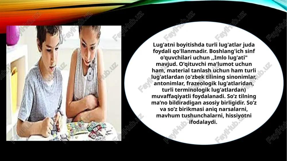 nday qilib ta’lim berish va ta’lim olish, fikrni qanday ifodalash, bayon etish, qanday so‘rash va qanday javob berish (masalasi)ga kelganda, bu haqdagi ilmlarning eng birinchisi jismlarga, ya’ni substansiya va aksidensiyalarga ism beruvchi til haqidagi ilmdir. ikkinchisi ilm grammatikadir. u jismlarga berilgan ism (nom)larni qanday tartibga solishni hamda substansiya va aksidensiyaning joylashishiga va undan chiqadigan natijalarni ifodalovchi hikmatli so‘zlarni va nutqni qanday tuzishni o‘rgatadi. uchinchi ilm mantiqdir. u ma’lum xulosalar keltirib chiqarish uchun mantiqiy figuralarga binoan qanday qilib darak gaplarni joylashtirishni o‘rgatadi. bu xulosalar yordamida biz bilinmagan narsalarni bilib olamiz hamda nima to‘g‘ri va nima yolg‘on ekanligi haqida hukm chiqaramiz”. o‘quvchilar nutqida mantiq ilmiga asoslanib fikr-mulohaza bildirish maqsadga muvofiq. shu bois ular xotirasidagi so‘z zahirasini o‘z nutqi orqali harakatga keltiradi. nutq va uni o‘stirish tushunchasi. nutq - kishi faoliyatining turi, til vositalari (so‘z, so‘z birikmasi, gap) asosida tafakkurni ishga solishdir. nutq o‘zaro aloqa va xabar funksiyasini, o‘zaro fikrni his-hayajon bilan ifodalash …