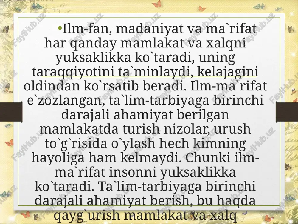 i” yaratildi. komil inson tarbiyasi davlat siyosatining ulug`vor sohasi deb e`lon qilindi. foydalanilgan adabiyotlar karimov i. a. o`zbekiston: miliy istiqlol, iqtisod, siyosat, mafkura. t. o`zbekiston. 1996. karimov i. a. bizdan ozod va obod vatan qolsin. t. o`zbekiston. 1996. karimov i. a. bunyodkorlik yo`lidan. t. o`zbekiston. 1996. karimov i. a. xavfsizlik va tinchlik uchun kurashmoq kerak. t. o`zbekiston. 2002. image7.jpeg image8.jpeg image9.jpeg image3.png image4.png ilps ieee /docprops/thumbnail.jpeg ‘o'rbekiston mustaglikia efishgandan keyingi ‘davrdagi maktabgacha tai, res 1, mostyn nil hoa 2. tos cca id ining le chen seer ev mmeegeie, youd sme + 4.1m to sid ony “kar taro tl avn bol nga keying cxohote
