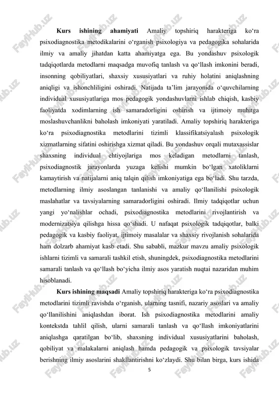 metodlarini tanlash va amaliy qo‘llash prinsiplari bilan tanishtirish · metodlarning kuchli va zaif tomonlarini aniqlash hamda samaradorligini baholash · amaliy misollar orqali klassifikatsiyaning amaliy ahamiyatini ko‘rsatish · tadqiqot natijalariga asoslangan tavsiyalar ishlab chiqish kurs ishining obyekti psixodiagnostika metodlari tashkil etadi. bu metodlar insonning ruhiy jarayonlari, shaxsiyat xususiyatlari, qobiliyat va iqtidorlarini aniqlash, baholash va tahlil qilishga qaratilgan ilmiy uslub va vositalar majmuasini o‘z ichiga oladi. obyekt sifatida psixodiagnostika metodlarini tanlash va qo‘llashning nazariy va amaliy jihatlari o‘rganiladi, ularning samaradorligi va tadqiqot jarayonida qo‘llanish printsiplari tahlil qilinadi. kurs ishining predmeti amaliy topshiriq harakteriga ko‘ra psixodiagnostika metodlarining klassifikatsiyasi va ularning amaliy qo‘llanilishidir. predmet orqali psixodiagnostika metodlarini amaliy vazifalar kontekstida tizimli ravishda tasniflash, ularning kuchli va zaif tomonlarini aniqlash hamda samaradorligini baholash imkoniyati o‘rganiladi. predmet tadqiqot natijalaridan kelib chiqib metodlarni tanlash va qo‘llash bo‘yicha ilmiy asoslangan tavsiyalar ishlab chiqishga xizmat qiladi. kurs ishining tarkibiy tuzilishi kirish ikki asosiy bob 5 paragrafdan xulosa va foydalanilgan …
