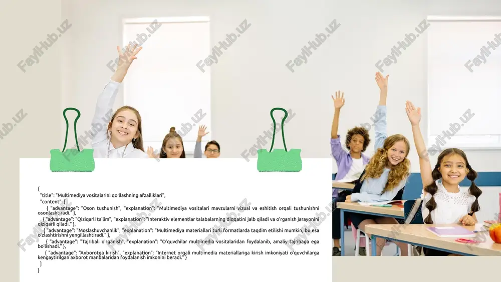 uchun interaktiv elementlar qo'shish mumkin. misol uchun, talabalarga savollar berish yoki ularni muayyan vazifalarni bajarishga undash orqali interaktivlikni oshirish kerak. 3. o'zgaruvchilar va ranglarni to'g'ri tanlash: animatsiyalardagi ranglar va o'zgaruvchilar talabalar e'tiborini qaratishi kerak. ranglar psixologiyasi asosida tanlanishi lozim, shunda ular ma'lumotni yaxshi qabul qilishlariga yordam beradi. 4. animatsiyalarni qisqa va maqsadga muvofiq saqlash: animatsiyalarni 30-60 soniya davomida qilib, asosiy fikrlarni etkazish muhim. har bir animatsiya ma'lum bir maqsadga xizmat qilishi va ortiqcha ma'lumotdan qochilishi kerak. animatsiyalarni yaratishda foydalaniladigan ba'zi dasturlar: adobe animate, powtoon, vyond. ushbu dasturlar yordamida yuqoridagi tavsiyalarni amalga oshirish mumkin. animatsiyalarni baholash va samaradorligini o'lchash o'qitishda animatsiyalarning ta'sirini baholash usullari. talabalar qiziqishi va jalb etilishini o'lchash uchun turli xil so'rovlar va kuzatuvlar o'tkazish mumkin. talabalar bilimini baholash uchun testlar va savollar ishlatish, bu animatsiyalarning samaradorligini aniqlashda yordam beradi. o'qituvchilarning fikrlarini yig'ish uchun so'rovnomalar o'tkazish, ular animatsiyalarning ta'sirini baholashda muhim rol o'ynaydi. talabalar fikr-mulohazalari va muhokamalari orqali animatsiyalarning …
