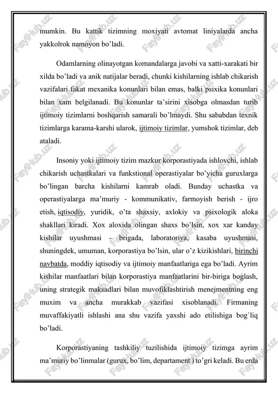 al samaradorligini pasaytirib yubordi. endilikda kadrlarni boshqarish soxasida asosiy e’tibor ularni rivojlantirishga (birinchi navbatda, to’gri tanlash, tayyorlash va malakasini oshirish xisobiga) karatilmokda. bu esa mehnat unumdorligi darajasini ko’taradi va bu orkali boshqaruv jarayonini iqtisodiy jixatdan samarali kiladi. korxona va tashkilotda mavjud bo’lgan xam jismoniy, xam inson resurslardan samarali foydalanishga kuyidagi yo’llar bilan erishiladi: " tashkiliy tuzilishni takomillashtirish, boshqarish darajalarini kamaytirish, boshqaruvning o’rta bo’ginini kiskartirish; " karorlar kabul kilish jarayonini iloji boricha kuyi darajagacha ixchamlashtirish; " vazifalarning bir kismini vositachilar, xom ashyo etkazib beruvchilar, maslaxatchilarga topshirish; " xar bir ish o’rnida mehnatning sermazmunlik darajasini oshirish; " mehnat unumdorligini oshirish maksadida mehnat jarayonlarini avtomatlashtirish; ishlab chikarishda va noishlab chikarish soxasida ish kuchini tejash; " yukori ma’muriyat va korporastiya tuzilmalarida ish bilan band bo’lgan xodimni birmuncha kiskartirish; " xodimlarni tayyorlash va kayta tayyorlash, maxoratini oshirish dasturlarini investistiyalash va xokazolar. o’ziga xos faoliyat turi bo’lgan boshqarishning maksadi ijtimoiy mehnatni tartibga solish va muvofiklashtirishdan iborat. …