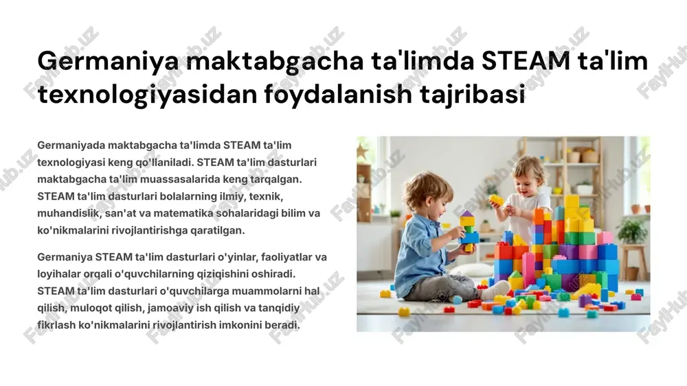 jamoada ishlash muloqot qobiliyati o'zaro hurmat fizik rivojlanish mototsiklik mahorat qo'l-ko'z muvofiqlashuvi faoliyat sog'lom turmush tarzi 13 steam ta'lim texnologiyasini maktabgacha ta'limda qo'llashda uchraydigan muammolar va ularni hal etish yo'llari resurslar yetishmasligi steam ta'limi uchun maxsus jihozlar va materiallarga ehtiyoj bor. maktabgacha ta'lim muassasalari bunga yetarli resursga ega emas. o'qituvchilarning malakasi steam ta'limi usullarini o'zlashtirish va qo'llash bo'yicha o'qituvchilarga malaka oshirish kurslari talab etiladi. ota-onalarni jalb qilish steam ta'limi ota-onalarning qo'llab-quvvatlashini talab qiladi. ota-onalarga steam ta'limi haqida tushuntirish kerak. 14 xulosa va takliflar steam ta'lim texnologiyasi maktabgacha ta'limda ijodiy fikrlash, muammolarni hal qilish va innovatsion yondashuvlarni rivojlantirish uchun muhim ahamiyatga ega. steam dasturlarini joriy etishda to'g'ri resurslar va o'qituvchilarga malaka oshirish, shuningdek o'quvchilarning qiziqishlarini hisobga olish muhimdir. 15 image-1-1.png image-2-1.png image-2-2.png image-2-3.png image-3-1.png image-3-2.png image-3-3.png image-3-4.png image-4-1.png image-5-1.png image-6-1.png image-7-1.png image-7-2.png image-7-3.png image-10-1.png image-12-1.png image-13-1.png image-14-1.png image-14-2.png image-14-3.png image-15-1.png
