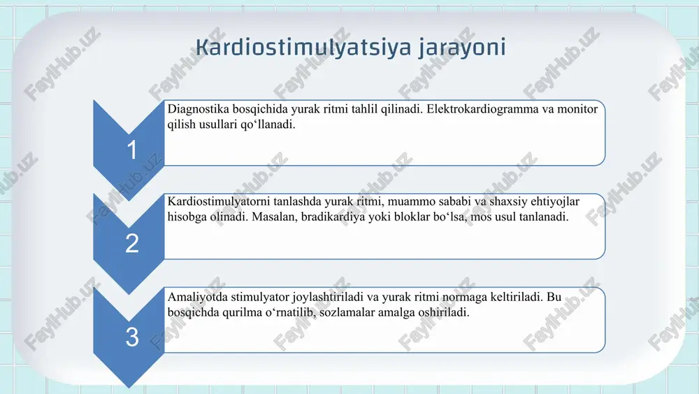ehtiyojlarini va salomatlik holatini tushunish muhim. ularning fikr-mulohazalari va qo'llab-quvvatlashi muolajalar muvaffaqiyatini oshiradi. bemorlar uchun kardiostimulyatsiya jarayonida ularning ehtiyojlari, xavotirlari va ijtimoiy muhitga moslashuvi muhim. doimiy muloqot va qo'llab-quvvatlash esa jarayonning samaradorligini ta'minlaydi. kardiostimulyatsiya usullari yurak ritmini boshqarishda muhimdir. samaradorlik mezonlari ushbu usullar yurak ritmining barqarorligini va bemorning holatini baholash uchun ishlatiladi. afzalliklar va kamchiliklar har bir usulning o'z afzalliklari va kamchiliklari bor, masalan, tashqi metodlar kam invaziv. usullarning ta'siri kardiostimulyatsiya usullari yurak faoliyatini yaxshilash va hayot sifatini oshiradi. tadqiqot natijalari yuqori samaradorlik implantatsiya usullarida, ammo xavf-xatarlar mavjud. tajribalar va holatlar individual yondashuv usullarning tanlovida muhimdir. tanlov omillari kardiostimulyatsiya usullarining samaradorligi kardiostimulyatsiya va reabilitatsiya kardiostimulyatsiya jarayonidan keyin reabilitatsiya muhim. bu davrda yurak funksiyasini tiklash, sog'liqni yaxshilash va hayot sifatini oshirish uchun individual dasturlar tayorlanadi. reabilitatsiya bosqichlari: fizyoterapiya, dietoterapiya, psixologik yordam va faoliyatni tiklash. bu jarayon yurak ritmi va qon aylanishini normallashtiradi, stressni kamaytiradi va bemorlarning kundalik hayotga moslashishini ta'minlaydi. kardiostimulyatsiya …