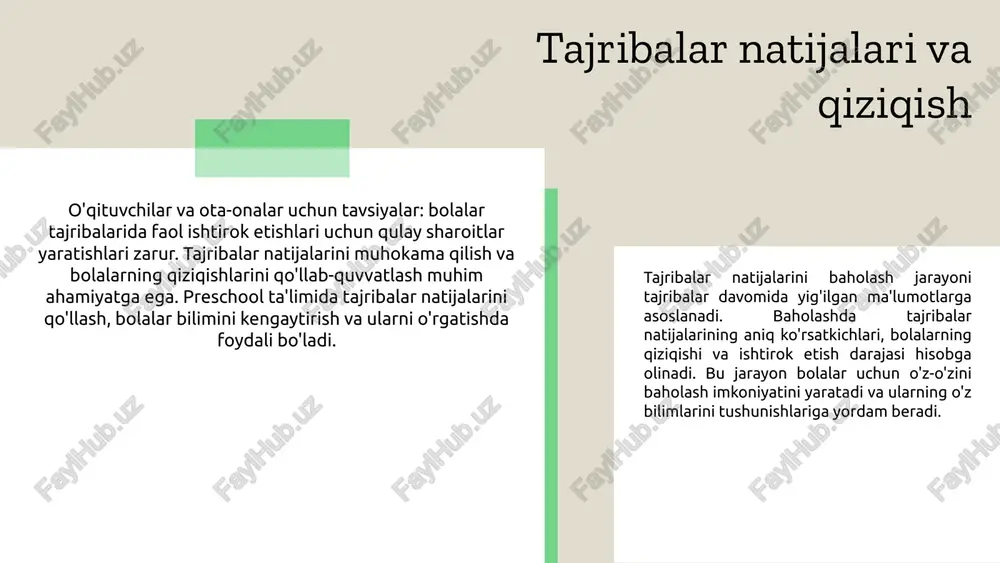 ", "importance_paragraph": "bolalarga xavfsizlik qoidalarini o‘rgatish, ularning xavfsizligini ta'minlash va atrof-muhitga nisbatan ongli bo‘lishini rivojlantirish uchun juda muhimdir. xavfsizlik qoidalari bolalarga o‘zlarini qanday himoya qilish va muammolarga duch kelganda qanday harakat qilish kerakligini o‘rgatadi.", "recommendations_paragraph": "o‘qituvchilar bolalarga xavfsizlik qoidalarini o‘rganishda yordam berish uchun qiziqarli va interaktiv usullarni qo‘llashlari lozim. o‘qituvchilar, masalan, hikoyalar orqali, rol o‘ynash o‘yinlari yoki muayyan vaziyatlarni simulyatsiya qilish orqali bolalarning qiziqishini oshirishlari mumkin.", "interactive_methods": [ "rol o‘ynash o‘yinlari orqali xavfsizlik qoidalarini o‘rganish.", "o‘yinlar va mashg‘ulotlar orqali xavfsizlik qoidalarini amalda ko‘rsatish.", "vizual materiallar yordamida bolalarga xavfsizlik qoidalarini tushuntirish.", "bolalar bilan birga xavfsizlik qoidalariga oid video yoki animatsiyalar ko‘rsatish." ], "conclusion": "xulosa qilib aytganda, bolalarga xavfsizlik qoidalarini o‘rgatish nafaqat ularning xavfsizligini, balki ularning o‘zini himoya qilish qobiliyatini rivojlantirishga yordam beradi." } xavfsizlik qoidalarining amaliyotdagi namunalari xavfsizlik qoidalari tajribalarni o'tkazishda muhim ahamiyatga ega. masalan, bolalar bilan tajriba o'tkazishdan oldin, xavfsizlik ko'rsatmalarini tushuntirish va ularga rioya qilishni ta'minlash zarur. shuningdek, tajribalar …
