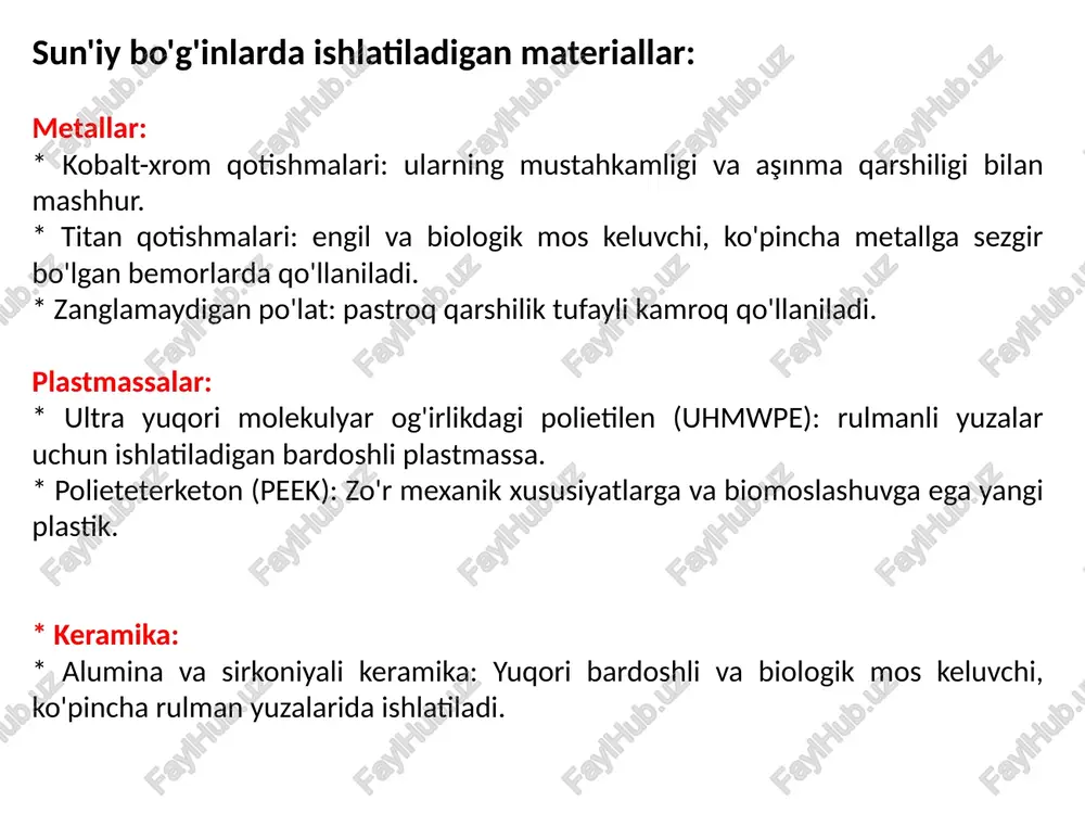 i ta'minlash: kuchli va bardoshli implantlar muvaffaqiyatsiz bo'lish ehtimoli kamroq bo'lib, asoratlar va revizion jarrohlik xavfini kamaytiradi. * implantning uzoq umr ko'rishini bashorat qilish: kuch sinovi ma'lumotlari odatdagi yuklash sharoitida implantning ishlash muddatini taxmin qilishga yordam beradi. * implant dizaynini takomillashtirish: sinov natijalari implant dizayni va material tanlashni yaxshilash uchun qimmatli fikr-mulohazalarni beradi. * normativ talablarga javob berish: ishlab chiqaruvchilar o'zlarining implantlari tartibga soluvchi idoralar tomonidan o'rnatilgan talab qilinadigan quvvat va ishlash standartlariga javob berishini ko'rsatishlari kerak. xulosa sun'iy qo'shma implantning mustahkamligini tekshirish ushbu qurilmalarning xavfsizligi, samaradorligi va uzoq umr ko'rishini ta'minlashda muhim rol o'ynaydi. qattiq sinov bemorlarning harakatchanligi va hayot sifatini yaxshilaydigan ishonchli va bardoshli bo'g'imlarni almashtirish bilan ta'minlashga yordam beradi. foydalanilgan adabiyotlar 1. biomaterials science: an introduction to materials in medicine" by buddy d. ratner et al 2. "orthopaedic biomaterials: fundamentals, applications, and future trends" by michael j. yaszemski et al 3. "mechanical testing of orthopaedic implants" by …