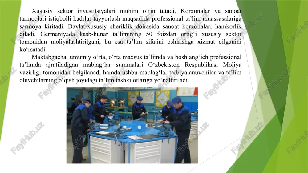 cheklanganligi asosiy muammolardan biridir. byudjetdan ajratiladigan mablag‘lar aksariyat hollarda professional ta’lim muassasalarining ehtiyojlarini to‘liq qoplamaydi. o‘rganilgan statistikaga ko‘ra, 2023- yilda professional ta’lim muassasalarining 30 foizdan ortig‘ida jihozlash darajasi yetarlicha bo‘lmagan. xususiy sektor ishtirokining sustligi ham jiddiy muammo sanaladi. ayrim sanoat korxonalari ta’lim tizimiga yetarlicha sarmoya kiritmasligi natijasida moliyalashtirish hajmi yetarli emas. natijada, texnologik yangilanish va malakali kadrlar tayyorlash jarayonida qiyinchiliklar yuzaga keladi. hozirda davlat byudjet va mahalliy byudjetlarning xarajatlar qismining o‘sishi va daromadlar qismiga kelib tushayotgan tushumlarning bir maromda tushmasligi natijasida faqatgina mahalliy byudjetlarning birinchi ehtiyojli xarajatlari amalga oshirilmoqda. ta’lim muassasalari, xususan maktab ta’limi muassasalarining texnik jihozlash va binolarini ta’mirlash ishlarida ajratilgan mablag‘lar miqdorining kamligi ushbu tadbirlarni o‘z vaqtida bajarilishini ta’minlay olmayapti. shularni inobatga olgan holda maktab ta’limi muassasalarida juda katta imkoniyat mavjud bo‘lgani holda o‘zlarini maxsus mablag‘lar manbalarini yaratishlari kerak. qo‘shimcha yaratilgan manbalardan olingan mablag‘lar natijasida, maktab ta’limi muassasalari ayrim xarajat moddalariga byudjetdan ajratilgan mablag‘larni etishmaydigan qismini qoplash uchun …