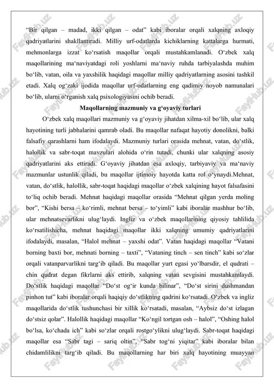 nadi. o‘zbek xalq maqollarining ma‘naviyatdagi roli yoshlarni ma‘naviy ruhda tarbiyalashda muhim bo‘lib, vatan, oila va yaxshilik haqidagi maqollar milliy qadriyatlarning asosini tashkil etadi. xalq og‘zaki ijodida maqollar urf-odatlarning eng qadimiy noyob namunalari bo‘lib, ularni o‘rganish xalq psixologiyasini ochib beradi. maqollarning mazmuniy va g‘oyaviy turlari o‘zbek xalq maqollari mazmuniy va g‘oyaviy jihatdan xilma-xil bo‘lib, ular xalq hayotining turli jabhalarini qamrab oladi. bu maqollar nafaqat hayotiy donolikni, balki falsafiy qarashlarni ham ifodalaydi. mazmuniy turlari orasida mehnat, vatan, do‘stlik, halollik va sabr-toqat mavzulari alohida o‘rin tutadi, chunki ular xalqning asosiy qadriyatlarini aks ettiradi. g‘oyaviy jihatdan esa axloqiy, tarbiyaviy va ma‘naviy mazmunlar ustunlik qiladi, bu maqollar ijtimoiy hayotda katta rol o‘ynaydi.mehnat, vatan, do‘stlik, halollik, sabr-toqat haqidagi maqollar o‘zbek xalqining hayot falsafasini to‘liq ochib beradi. mehnat haqidagi maqollar orasida “mehnat qilgan yerda moling bor”, “kishi bersa – ko‘rimli, mehnat bersa – to‘yimli” kabi iboralar mashhur bo‘lib, ular mehnatsevarlikni ulug‘laydi. ingliz va o‘zbek maqollarining qiyosiy tahlilida …