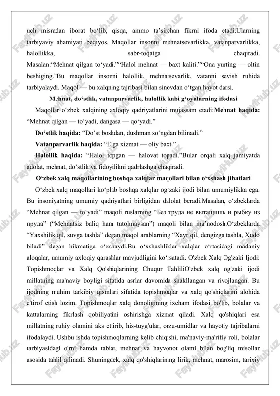 f-muhit bilan munosabatini aks ettiradi. ularning kelib chiqishi xalq donoligining jamg'armasi sifatida ko'riladi, chunki topishmoqlar avlodlar o'rtasida og'zaki ravishda o'tkazilgan va har bir davrda yangi mazmun bilan boyitilgan.ma'naviy-ma'rifiy roli jihatidan topishmoqlar insonning intellektual rivojlanishiga katta hissa qo'shadi. ular fikrlashni, mantiqiy xulosalar chiqarishni va tasavvurni oshiradi. topishmoqlar orqali inson atrofidagi olamni yangicha ko'rishni o'rganadi, bu esa ma'naviy boylikni shakllantiradi. masalan, topishmoqlar bolalarga tabiat hodisalarini tushuntirishda yordam beradi va ularda ekologik ongni uyg'otadi. ma'rifiy jihatdan esa ular bilimlarni o'yin shaklida taqdim etadi, bu esa o'rganish jarayonini qiziqarli qiladi. topishmoqlar xalq axloqiy qadriyatlarini ham tarbiyalaydi: ular orqali sabr-toqat, diqqat va izlanuvchanlik fazilatlari singdiriladi. umuman olganda, topishmoqlar milliy madaniyatning ajralmas qismi bo'lib, insonni hayotiy tajribaga tayyorlaydi.topishmoqlarning ma'naviy roli xalqning ruhiy olamida aks etadi. ular orqali xalq o'zining orzu-umidlarini, hayotga munosabatini ifodalaydi. masalan, mehnat bilan bog'liq topishmoqlar orqali mehnatsevarlik va ixtirochilik fazilatlari ta'kidlanadi. ma'rifiy jihatdan topishmoqlar bolalarga ilm-fan asoslarini o'rgatadi: matematika, fizika va biologiya elementlari …