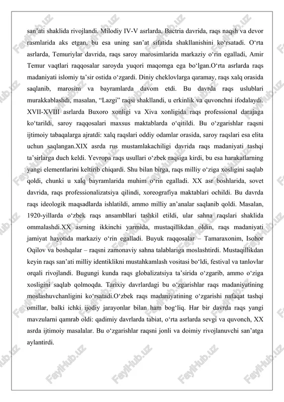 ostida o‘zgardi. diniy cheklovlarga qaramay, raqs xalq orasida saqlanib, marosim va bayramlarda davom etdi. bu davrda raqs uslublari murakkablashdi, masalan, “lazgi” raqsi shakllandi, u erkinlik va quvonchni ifodalaydi. xvii-xviii asrlarda buxoro xonligi va xiva xonligida raqs professional darajaga ko‘tarildi, saroy raqqosalari maxsus maktablarda o‘qitildi. bu o‘zgarishlar raqsni ijtimoiy tabaqalarga ajratdi: xalq raqslari oddiy odamlar orasida, saroy raqslari esa elita uchun saqlangan.xix asrda rus mustamlakachiligi davrida raqs madaniyati tashqi ta’sirlarga duch keldi. yevropa raqs usullari o‘zbek raqsiga kirdi, bu esa harakatlarning yangi elementlarini keltirib chiqardi. shu bilan birga, raqs milliy o‘ziga xosligini saqlab qoldi, chunki u xalq bayramlarida muhim o‘rin egalladi. xx asr boshlarida, sovet davrida, raqs professionalizatsiya qilindi, xoreografiya maktablari ochildi. bu davrda raqs ideologik maqsadlarda ishlatildi, ammo milliy an’analar saqlanib qoldi. masalan, 1920-yillarda o‘zbek raqs ansambllari tashkil etildi, ular sahna raqslari shaklida ommalashdi.xx asrning ikkinchi yarmida, mustaqillikdan oldin, raqs madaniyati jamiyat hayotida markaziy o‘rin egalladi. buyuk raqqosalar – tamaraxonim, …