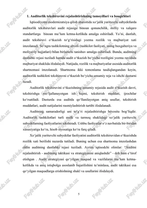 torlik tashkiloti 2. audit oʻtkazish toʻgʻrisida shartnoma imzolash 3. audit rejasini tuzish 5.audit tekshiruvi boshlanishi 1-chizma. auditorlik tekshiruvlarini oʻtkazishni tashkil qilish bosqichlari.[footnoteref:2] [2: muallif tomonidan tuzilgan] rejalashtirish auditorlik tekshiruvini boshlangʻich bosqichi boʻlib, auditorlar reja tuzilgunga qadar, bevosita, tekshiruv jarayonini boshlamasliklari lozim. 300-sonli axsga muvofiq auditni rejalashtirish quyidagi bosqichlarga boʻlinadi: a) auditni dastlabki rejalashtirish; b) auditning umumiy rejasini tayyorlash va tuzish; v) audit dasturini tayyorlash va tuzish. ushbu standart har qanday korxonani auditorlik tekshiruvidan oʻtkazishda ham audit rejasini, ham audit dasturini tuzishni talab etadi. darhaqiqat, yirik xoʻjalik yurituvchi subyektning hisobotlarini tasdiqlash uchun katta auditorlik guruhi tomonidan tekshiruv oʻtkazilganida bunday koʻp bosqichli rejalashtirish zarur. biroq, bizning fikrimizcha, unchalik katta boʻlmagan xoʻjalik muomalalari kam sodir boʻladigan, bir turdagi mahsulot ishlab chiqarish (ish, xizmat bajarish) bilan shugʻullanuvchi mikrofirmalarda audit oʻtkazganida, bunday keng qamrovli reja tuzish maqsadga muvofiq emas. agar auditorlik tashkilotining koʻpchilik mijozlari kichik va oʻrta biznes korxonalariga taalukli boʻlsa, u holda unchalik katta …