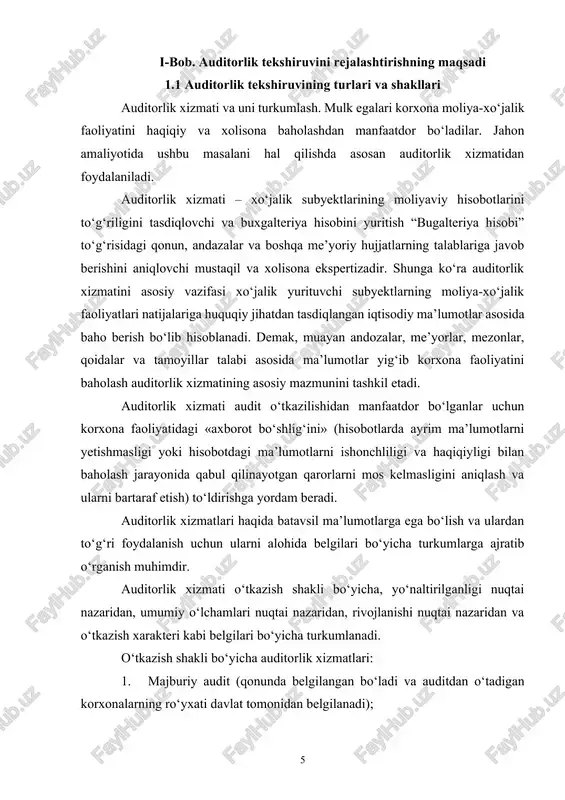 nchiligiga muvofiq peniya hisoblangan holda so‘zsiz undirib olinadi. jarima undirilishi xo‘jalik yurituvchi subyektni majburiy auditorlik tekshiruvdan o‘tishdan ozod qilmaydi. majburiy auditorlik tekshiruvidan bo‘yin tovlaganligi uchun undiriladigan jarima stavkalari xo‘jalik yurituvchi sub’ektlarning hisobot yili oxirida mahsulot (ish, xizmat)lar sotishdan olingan yalpi tushumining miqdoriga qarab tabaqalashtirilgan. tashabbus tarzidagi (ixtiyoriy) auditorlik tekshiruvi. «auditorlik faoliyati to‘g‘risida»gi qonunning 11-moddasiga muvofiq: «tashabbus tarzidagi auditorlik tekshiruvi xo‘jalik yurituvchi subyektning yoki boshqa auditorlik tekshiruvi buyurtmachilarining qaroriga binoan, qonun hujjatlarida nazarda tutilgan tartibda o‘tkazilishi mumkin. tashabbus tarzidagi auditorlik tekshiruvining obyekti, muddatlari va boshqa shartlari buyurtmachilari bilan auditorlik tashkilotlari o‘rtasida tuziladigan auditorlik tekshiruvini o‘tkazish to‘g‘risidagi shartnomada belgilab qo‘yiladi». tashabbus tarzidagi auditorlik tekshiruvi odatda xo‘jalik yurituvchi subyektning tashabusiga ko‘ra o‘tkaziladi. tashabbus tarzidagi auditorlik tekshiruvi o‘tkazishda xo‘jalik yurituvchi subyekt o‘z oldiga asosan quyidagilarni maqsad qilib qo‘yishi mumkin: 1. buxgalteriya hisobini tashkil etishning amaldagi qonunchilikka muvofiqligini aniqlash, 2. buxgalteriya hisobini tashkil etish, yuritish va hisobot tuzish ishlarining me’yoriy ta’minlanganligini aniqlash; 3. hisobni kompyuterlashtirishda …