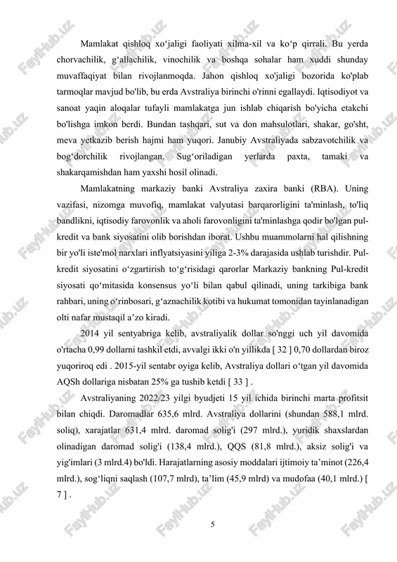 . avstraliyaning 2022/23 yilgi byudjeti 15 yil ichida birinchi marta profitsit bilan chiqdi. daromadlar 635,6 mlrd. avstraliya dollarini (shundan 588,1 mlrd. soliq), xarajatlar 631,4 mlrd. daromad solig'i (297 mlrd.), yuridik shaxslardan olinadigan daromad solig'i (138,4 mlrd.), qqs (81,8 mlrd.), aksiz solig'i va yig'imlari (3 mlrd.4) bo'ldi. harajatlarning asosiy moddalari ijtimoiy ta’minot (226,4 mlrd.), sog‘liqni saqlash (107,7 mlrd), ta’lim (45,9 mlrd) va mudofaa (40,1 mlrd.) [ 7 ] . davlat qarzi 2023-yil iyun holatiga ko‘ra 889,8 milliard dollarni tashkil etdi, foizlar to‘lovi 12,7 milliard dollarni (byudjet xarajatlarining 2 foizi) tashkil etdi. mamlakatning eng yirik tijorat banklari avstraliya va yangi zelandiya banking group , commonwealth bank of australia , westpac va national australia bank hisoblanadi . sug'urta sohasida qbe insurance group va insurance australia group etakchi hisoblanadi . avstraliya tashqi savdo faoliyatining deyarli uchdan ikki qismi osiyo mamlakatlari, birinchi navbatda, xitoy (umumiy eksport va importning toʻrtdan bir qismidan koʻprogʻi), yaponiya va janubiy …