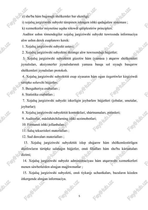 r basqıshı : tayarlıq, tiykarǵı hám juwmaqlaw basqıshı ushın jumıs waqtı byudjetin; 2. gruppa jumısınıń qaratnıp atırǵan múddetlerin; 3. gruppanıń muǵdarlıq tárepten quramın ; 4. gruppa aǵzalarınıń hámel dárejesin; 5. gruppa xızmetkerleriniń miyrasxorlıǵın ; 6. gruppa aǵzalarınıń ilmiy tájriybe dárejesin. audittiń ulıwma jobası hám programmasın tayarlaw principleri audittiń ulıwma jobası hám programmasın islep shıǵıwǵa kiriser eken, auditorlıq shólkemi xojalıq jurgiziwshi subyekt tuwrısındaǵı dáslepki bilimlerge, sonıń menen birge, ótkerilgen analitik tártip-dástúrlerdiń nátiyjelerine tıykarlanıwı kerek. analitik tártip-dástúrlerdi ótkeriw járdeminde auditorlıq shólkemi audit ushın áhmiyetli bolǵan tarawlardı anıqlawı kerek. analitik tártip-dástúrlerdiń quramalılıǵı, kólemi hám ótkeriw múddetlerin auditorlıq shólkemi xojalıq jurgiziwshi subyektni finanslıq esabatı maǵlıwmatlarınıń kólemi hám quramalılıǵına qaray ózgertiwi kerek boladı. audittiń ulıwma jobası hám programmasın tayarlaw processinde auditorlıq shólkemi xojalıq jurgiziwshi subyektda ámel qılıp atırǵan ishki qadaǵalaw sistemasınıń natiyjeliligin bahalaydı hám ishki qadaǵalaw sisteması riskın (qadaǵalaw riskin) bahalawdı ámelge asıradı. eger ishki qadaǵalaw sisteması nadurıs informaciya payda bolǵanı tuwrısında waqıtında eskertse, sonıń …