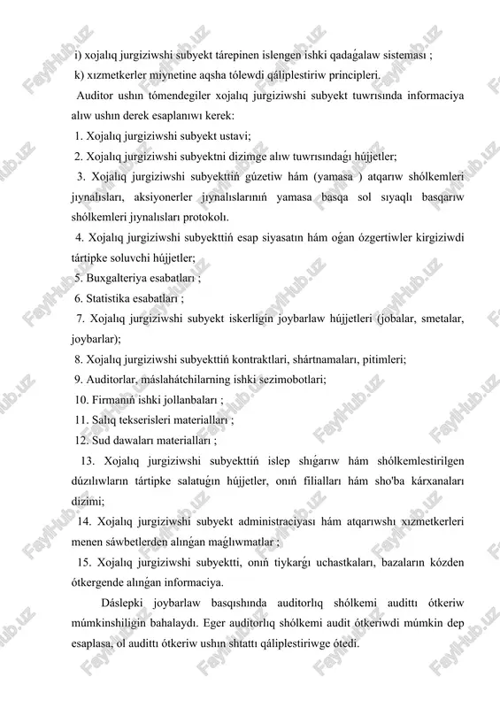 muǵdarlıq tárepten quramın ; 4. gruppa aǵzalarınıń hámel dárejesin; 5. gruppa xızmetkerleriniń miyrasxorlıǵın ; 6. gruppa aǵzalarınıń ilmiy tájriybe dárejesin. audittiń ulıwma jobası hám programmasın tayarlaw principleri audittiń ulıwma jobası hám programmasın islep shıǵıwǵa kiriser eken, auditorlıq shólkemi xojalıq jurgiziwshi subyekt tuwrısındaǵı dáslepki bilimlerge, sonıń menen birge, ótkerilgen analitik tártip-dástúrlerdiń nátiyjelerine tıykarlanıwı kerek. analitik tártip-dástúrlerdi ótkeriw járdeminde auditorlıq shólkemi audit ushın áhmiyetli bolǵan tarawlardı anıqlawı kerek. analitik tártip-dástúrlerdiń quramalılıǵı, kólemi hám ótkeriw múddetlerin auditorlıq shólkemi xojalıq jurgiziwshi subyektni finanslıq esabatı maǵlıwmatlarınıń kólemi hám quramalılıǵına qaray ózgertiwi kerek boladı. audittiń ulıwma jobası hám programmasın tayarlaw processinde auditorlıq shólkemi xojalıq jurgiziwshi subyektda ámel qılıp atırǵan ishki qadaǵalaw sistemasınıń natiyjeliligin bahalaydı hám ishki qadaǵalaw sisteması riskın (qadaǵalaw riskin) bahalawdı ámelge asıradı. eger ishki qadaǵalaw sisteması nadurıs informaciya payda bolǵanı tuwrısında waqıtında eskertse, sonıń menen birge, nadurıs informaciyanı anıqlasa, onı natiyjelili dep esaplaw múmkin. ishki qadaǵalaw sistemasınıń natiyjeliligin bahalanıwında, auditorlıq shólkemi auditorlıq tastıyıq -dálilleriniń …