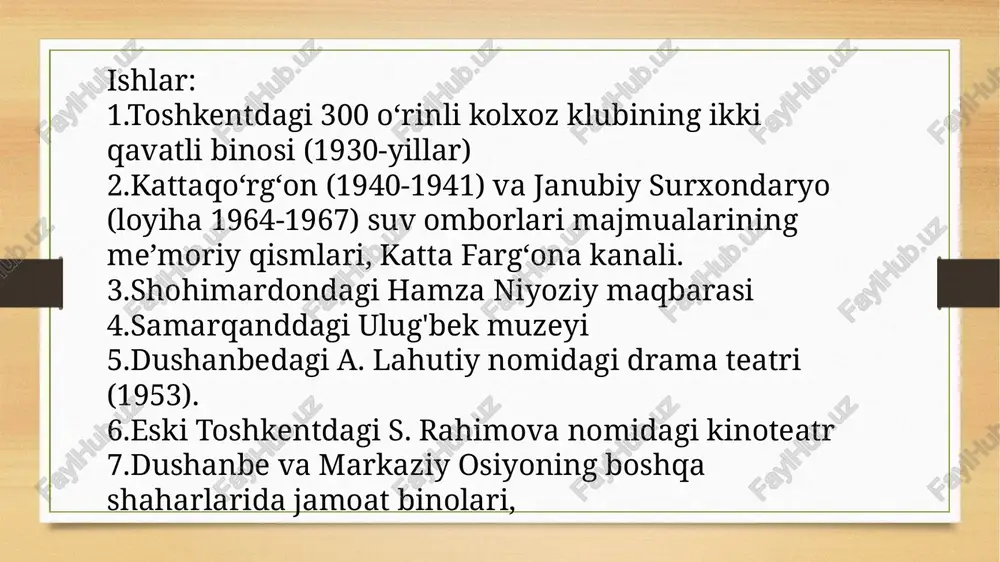 mov nomidagi kinoteatr hozirgi ‘’sultan’’restaraniga aylangan image5.png image6.png image7.png image8.png image9.jpeg image10.jpeg image11.png image12.png image13.png image14.png image15.png image16.png image17.png image18.png image19.png image20.png image21.png image22.png image23.png image24.png image25.png image26.png image27.png image28.png image3.png image4.png kattaqo’rg’on kattaqo‘rg’on suv ombori — gidrotexnika inshooti, o‘zbekistonda birinchi qurilgan suv ombori. kattaqo‘rg’on shahri yaqinida tabiiy chuqurlikda barpo etilgan. kattaqo‘rg’on suv omborio. zarafshon vodiysidagi ekin maydonlarini suv bilan ta’minlaydi va zarafshon (qoradaryo) daryosi suv rejimini tartibga soladi, sel va toshqin suvlarini jamg'aradi. 1940-1951 yillar davomida qurilib, foydalanishga topshirildi. katta farg’ona kanali katta farg‘ona kanali (to‘liq nomi: usmon yusupov nomidagi katta farg‘ona kanali) — farg'ona vodiysida qurilgan eng yirik gidrotexnika inshootlaridan biri. o'zbekiston (283 km), tojikiston (62 km) va qirg'iziston (13 km) hududidan o'tadi. vodiyni shimoli-sharqdan janubi-g'arbga kesib o‘tgan. mnnnnn eoplananerecene et th p peele uuee pe od sy