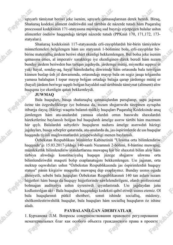 sqan huqıqlardıń, atap aytqanda alimentler haqqındaǵı hám ómirine yamasa densawlıǵına jetkerilgen zıyandı tólew haqqındaǵı talaplardıń basqa shaxsqa ótiwine jol qoyılmaydı. shańaraqlıq huqıqıy qatnasıqlar subektleriniń almasıwına jol qoyılmaydı degen tezis penen kelisiw qıyın. neke qatnasıqlarında subektlerdiń almasıwına jol qoyılmawı tábiyiy, sebebi jańa nekege kiriw ushın aldınǵı nekeni saplastırıw kerek (ózr shk 47-statyası), hám jańa nekege kiriw qatnasıqlardı almastırıwǵa emes, al jańa neke qatnasıqlarınıń payda bolıwına alıp keledi. biraq, shańaraq huqıqında subyektlerdi almastırıw múmkin bolǵan qatnasıqlar bar. bunday qatnasıqlarǵa mısal retinde balanı wasiylikke, qáwenderlikke, shańaraqqa tárbiyaǵa beriw yamasa perzentlikke alıw, balanı bilimlendiriw mákemesine jaylastırıw bolıwı múmkin. shańaraqlıq qatnasıqlarda jeke múlksiz qatnasıqlar ústinlik etedi, degen pikir gúmansız, biraq bunday qatnasıqlardıń kópshiligi ádep-ikramlılıq normaları menen tártipke salınǵan halda ulıwma huqıqıy tártipke salınbaydı. bunnan tısqarı, puqaralıq kodeksiniń 9-statyası 3-bólimine bola, puqaralıq huqıqların ámelge asırıw basqa shaxslardıń huqıqların hám nızam menen qorǵalatuǵın máplerin buzbawı shárt. puqaralıq huqıqıy qatnasıqları qatnasıwshılarınıń hadal, aqılǵa say hám ádillik penen háreket …