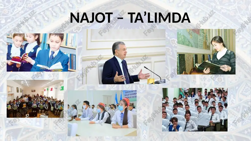 unchilik palatasi huzurida yoshlar parlamenti tashkil etildi. oliy majlis qonunchilik palatasida esa yoshlar masalalari bo‘yicha komissiya faoliyati yo‘lga qo‘yildi. yoshlar siyosati bo’yicha islohotlar yoshlarning davlat mukofotlari bilan taqdirlanishi 61 nafar yosh esa «kelajak bunyodkori» medali 142 nafar yigit «mard o‘g‘lon» davlat mukofoti 592 nafari «o‘zbekiston belgisi» ko‘krak nishoni 795 nafari davlat mukofotiga sazovor bo‘ldi. aholi bandligi va real daromadlarini izchil oshirish borasidagi ishlar 14 ta «ishga marhamat» monomarkazlari 30 ta kasb-hunarga o‘qitish markazlari 11 ta qisqa muddatli kasb-hunarga o‘qitish kurslari 136 ta mahalla aholisini kasb-hunarga o‘qitish maskanlari 2020-yil 23-sentabrda o‘zbekiston respublikasining “ta’lim to‘g‘risida”gi qonuni qabul qilindi ta’lim ustuvorligining tan olinishi; ta’lim olish shaklini tanlash erkinligi; ta’lim sohasida kamsitishlarga yo‘l qo‘yilmasligi; ta’lim olishga doir teng imkoniyatlarning ta’minlanishi; ta’lim va tarbiyaga milliy hamda umuminsoniy qadriyatlarning singdirilganligi; ta’lim va tarbiyaning insonparvarlik, demokratik xususiyati; ta’limning uzluksizligi va izchilligi; o‘n bir yillik ta’limning hamda olti yoshdan yetti yoshgacha bo‘lgan bolalarni bir yil davomida umumiy o‘rta …
