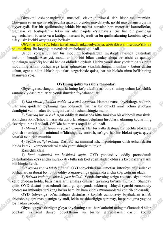 va tushunish osonroq deb o'ylashdi, chunki odamlar o'zlarini atrofidagi dunyoni ma'lum tasnifga mos keladigan o'zaro ta'sir qiladigan obyektlar majmuasi sifatida qabul qilishga moyil. ushbu g’oyani ilgari surganlar maqsadga erisha oldimi, degan savolga aniq javob berish qiyin, lekin aslida bizda dasturchidan oyd talab qilinadigan ko'plab loyihalar mavjud. ba'zida siz oyd dasturlarining ishlashini tanqid qilishingiz mumkin. to'g'ri, ozgina qo'shimcha xarajatlar bor, lekin shunchalik kichikki, aksariyat hollarda uni afzalliklar foydasiga e'tiborsiz qoldirish mumkin. shunga qaramay, sekundiga millionlab obyektlar bitta satrda yaratilishi yoki qayta ishlanishi kerak bo'lgan to'siqlarda, hech bo'lmaganda oydga bo'lgan ehtiyojni qayta ko'rib chiqishga arziydi, chunki bunday miqdordagi minimal xarajatlar ham ishlashga sezilarli ta'sir ko'rsatishi mumkin. profillash sizga farqni aniqlashga va qaror qabul qilishga yordam beradi. boshqa hollarda, aytaylik, ishning ulushi kiritish-chiqarish bilan cheklangan bo'lsa, obyektlardan voz kechish erta optimallashtirish bo'ladi. image6.jpeg image7.tmp image1.tmp image3.tmp image4.tmp image5.tmp bu spagetti kod (oo bu obyekt ichkarida funksiyalar va o'zgaruvchilar mavjud var f() var f() …