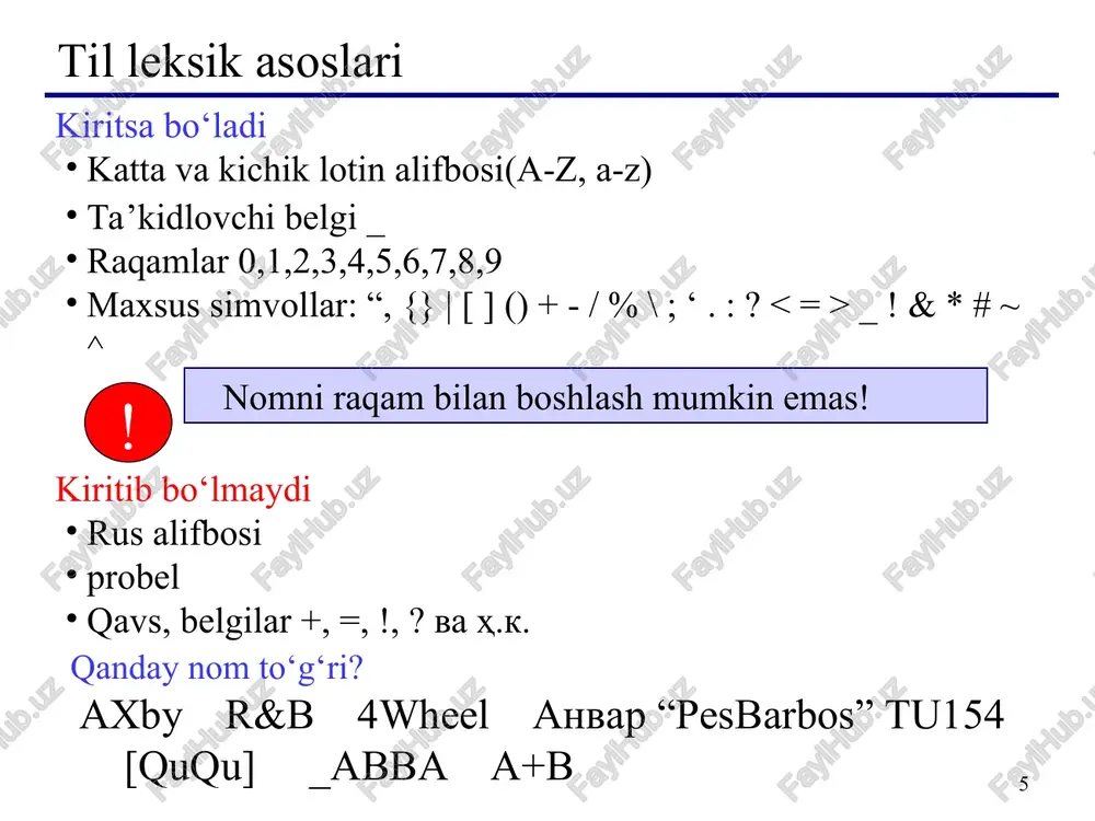 (x,y) – x/y ning qoldig’ini kasr son ko’rinishida beradi. masalan: fmod (7.3,1.7) = 0.5 * * c/c++ tilida ma’lumotlarni kiritish va natijalarni olish oqim ob’ektlari orqali bajariladi. bu oqimlar >> va > a; cin >> a>>b; == cin >> a; cin>>b; cin >> s1 >> s2 >> s3; cout > x; cout > y; cout > a; cout #include using namespace std; int main() { int a, b, c; cout >a>>b; c = a + b; cout = ; qiymat berish operatorlari * #include int main() { int a=0,b=4,c=90; char z=’\t’; a=b; cout taqqoslash amallarining natijasi - taqqoslash o'rinli bo'lsa, true (rost), aks holda false (yolg'on) qiymat bo'ladi. agar taqqoslashda arifmetik ifoda qatnashsa, uning qiymati 0 qiymatidan farqli holatlar uchun 1 deb hisoblanadi. taqqoslash amallari * taqqoslash amallari va ularning qo'llanishi amallar qo'llanishi mazmuni (o'qilishi) a>b “a katta b” >= a>=b “a katta yoki teng b” == a==b “a teng …