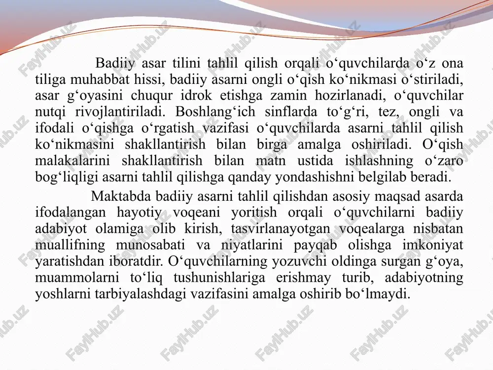 o‘quvchini muallif hayajonlangan voqeadan hayajonga solish asar tahlilida amal qiladigan muhim metodik qoidalar sanaladi. o‘quvchilarning nutqini o‘stirishda, yuqoridagilar bilan birga, adabiy tushunchalarni shakllantirish ham muhim o‘rin tutadi. o‘quvchilar adabiy tushunchalarni o‘rganish natijasida badiiy adabiyot san’atning bir turi ekanligi, uning hayot bilan aloqadorligini bilib oladilar. boshlang‘ich sinflarda asar tahlilida badiiy til vositalari − sifatlash, o‘xshatish, jonlantirish, mubolag‘a va adabiy janr turlari − ertak, hikoya, masal, she’r, doston, maqol, topishmoq kabilar bilan amaliy ravishda tanishtiriladi. badiiy asar tilini tahlil qilish orqali o‘quvchilarda o‘z ona tiliga muhabbat hissi, badiiy asarni ongli o‘qish ko‘nikmasi o‘stiriladi, asar g‘oyasini chuqur idrok etishga zamin hozirlanadi, o‘quvchilar nutqi rivojlantiriladi. 3-sinf o‘qish kitobi amaliy topshiriq: 1.mavzuni rejalar asosida o‘rganib yozish. 2. o‘qish savodxonligi 2-sinf 1-qism darsligida berilgan badiiy matnlarni tahlil qilib kelish. e'tiboringiz uchun rahmat! image2.jpeg image3.jpeg image4.jpeg image5.png image6.jpeg image7.jpeg image8.jpeg image9.emf ______microsoft_office_powerpoint1.sldx image10.jpeg |~ j rasmni so'ziar bilan ifodalab, she'rni o'qing. ne poklik, wm tozalix asi, anglar …