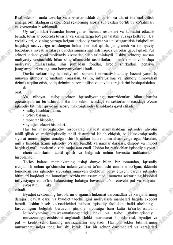 siya darajasining iqtisodiy tahlil yakuniga ko‘ra, ish natijalariga ta’sir qilgan omillar va sabablarni o‘rganish;  makroiqtisodiy jarayonlarning kelajak holatini aniqlash, prognoz modellari va usullarini to‘liq o‘rganish;  aniq ob’ekt misolida prognozlashni amalga oshirishni o‘rganish. bu vazifalarning bajarilishini ta’minlash uchun makroiqtisodiy tahlil ob’ektiv va aniq bo‘lishi, muntazam o‘tkazilib turilishi lozim. noxolis va mavhum tahlil natijalarga noto‘g‘ri baho berilishiga, sektorlar faoliyati samaradorligini oshirish yuzasidan noto‘g‘ri takliflar kiritilishiga olib keladi. makroiqtisodiy tahlil shunday vositadirki, uning yordamida makroiqtisodiy tahlil axborot ta’minoti, real sektor, to‘lov balansi, byudjet-soliq siyosati, pul-kredit siyosati, bandlik, ishsizlik va inflyasiya darajalar ustidan nazorat yuritish mumkin bo‘ladi. bulardan biri mamlakatning ijtimoiy-iqtisodiy rivojlanishini tahlil qilish va prognozlashda makroiqtisodiy ko‘rsatkichlarni bir xil usul va uslublarda hisoblashdir. darhaqiqat, mamlakatning iqtisodiy holatini, o‘tkazilayotgan joriy chora-tadbirlarning zarurligini, ularning samarasini baholashda, istiqbolini aniqlashda iqtisodiy tahlil va prognozlash juda katta ahamiyatga ega. tahlilning muhim vazifalaridan biri mamlakatda sodir bo‘layotgan jarayonlarni modellashtirishning sifatini oshirish, o‘tkazilayotgan iqtisodiy siyosat natijalarini aniqlashdir. makroiqtisodiy …