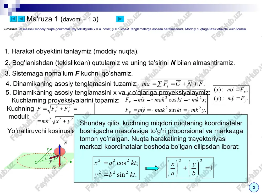 sh: 2.1. agar tenglamalar kanonik (standart) ko’rinishga keltirilmasa, ularning tartibini pasaytirish kerak, masalan: yoki 2.2. o’zgaruvchilarni ajratish kerak: yoki 2.4. tenlamalarning o’ng va chap tomonlaridagi aniqmas integrallarni hisoblash kerak, masalan: 2.3. agar tenglamada uchta o’zgaruvchi bo’lsa, o’zgaruvchilarni alamshtirish kerak, masalan: va o’zgaruvchilarni ajratish kerak. eslatma. aniqmas integrallar o’rniga yuqori chegarasi o’zgaruvchi aniq integrallarni hisoblash ham mumkin. integralning quyi chegarasi o’zgaruvchilarning boshlang’ich qiymatlarini (boshlang’ich shartlarni) beradi. u holda integral o’zgarmaslarini topish shart emas, chunki ular avtomatik ravishda topiladi va yechimga kiradi, masalan: boshlang’ich shartlar, masalan t = 0, vx = vx0, dan foydalanib, integral o’zgarmaslarini topamiz: 2.5. tezlikni koordinatadan vaqt bo’yicha hosila ko’rinishida tasvirlaymiz va 2,2-2,4 dagi hisoblashlarni qaytaramiz. eslatma. agar differensial tenglama standart ko’rinishga keltirilsa, bu tayyor yechimdan foydalanish mumkin. in-tegral o’zgarmaslari oldingidek boshlangi’ch shartlardan foydalanib topiladi (tebranma harakatlarda qo’llaniladi). ma'ruza 2 (davomi 2.2) ma'ruza 2 (davomi 2.3) teskari masalani yechish bo’yicha 2-namuna: kuch vaqtga bogliq. og’irligi p bo’lgan yuk …