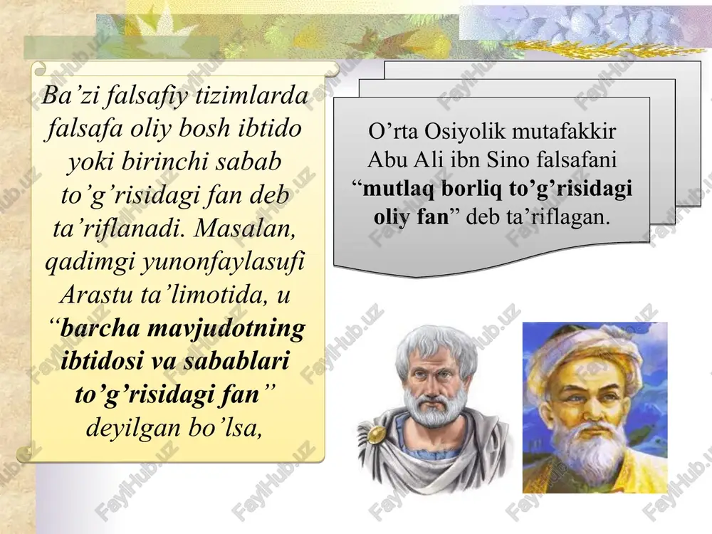 arash – insonning o'zini qurshagan borliqqa va o'z-o'ziga bo'lgan munosabatga nisbatan yondashuvlar tizimi, shuningdek odamlarning mazkur yondashuvlar bilan belgilangan hayotiy ideallari, e'tiqodlari, bilish va faoliyat tamoyillari, qadriyat va mo'ljallaridir. * duyoqarash – olamga va insonning olamdagi o'rniga qarash dunyoqarashning umumiy tushunchasi va uning asosiy shakllari mifologiya din falsafa insoniyat tarixida belgilanadigan dunyoqarashning uch asosiy shakli * dunyoqarashning funksiyalari: bilish funksiyasi qadriyatlarga munosabat xulq-atvorni belgilash (insonda qiziqish uyg'o- tuvchi barcha savollarni va muayyan yo'l bilan to- piluvchi javoblarni o'z ichiga oladi, bilish- odamlar dunyoqarashini boyitadi); insonning eng av- valo, o'zini oliy qadriyat ekanli- gini anglashga, so'ngra atrofida- gilarni qadr- lashga undaydi); (insonni o'z-o'zi- ni tarbiyalash jarayoni) * dunyoqarashning tuzilishi dunyoni sezish dunyoni idrok etish dunyoni tushunish bu o'zini qurshagan dunyoni sezgilar yordamida hissiy idrok etish bu atrof-borliqni ideal obrazlarda tasavvur qilish inson va uni qurshagan dunyoning mohiyatini aniqlash, shuningdek tabiatda yuz beruvchi voqealar va jarayonlarning o'zaro aloqalarini tushunishga qaratilgan aqliy faoliyati …