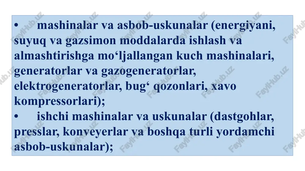 ayta tiklash uchun yillik amortizatsiya me’yori, %; fb - asosiy fondlarning boshlang‘ich qiymati, so‘m; fch- fondlarning tugatilish, ishlab chiqarishdan chiqarilish qiymati; ta - asosiy fondlarning me’yoriy xizmat vaqti, yil. yillik amortizatsiya ajratmalari (aa) miqdori quyidagicha aniqlanadi: bu yerda: tk – xizmat muddati davomida kapital ta’mirlashga sarflangan xarajatlar; m– modernizatsiya qilishga sarflangan xarajatlar. fb - asosiy fondlarning boshlang‘ich qiymati, so‘m; fch- fondlarning tugatilish, ishlab chiqarishdan chiqarilish qiymati; amortizatsiya mablag‘lari asosiy fondlarni to‘liq qayta tiklash (renovatsiya), kapital ta’mirlash va uskunalarni modernizatsiya qilish uchun alohida ravishda yo‘naltiriladi. shu sababli, amortizatsiya me’yori ikki qismdan - fondlarni renovatsiya qilish xamda kapital ta’mirlash va modernizatsiya qilishdan iborat. birinchi xolda: bu yerda: th - asosiy fondlarning xaqiqiy xizmat qilish vaqti, yil. ikkinchi xolda: ishlab chiqarish jarayonida asosiy fondlar asta-sekinlik bilan eskirishi sababli, ularning ish qobiliyatini ta’mirlash orqali tiklash zaruriyati tug‘iladi. asosiy fondlarni ta’mirlash kapital, o‘rta va joriy turlarga bo‘linadi. bino va inshootlarni ta’mirlash o‘z mazmuni, talab qilinuvchi …