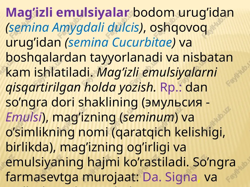 ekstraktlar ofisinal dori shakli bo’lib, o’simliklardan spirt, efir yoki suv yordamida tayyorlangan, konsentrlangan ajratmalardir. tarkibidagi suyuqlik miqdoriga qarab ular quyidagilarga bo’linadilar: suyuq (extracta fluida), quyuq (extracta spissa) va quruq (extracta sicca) ekstraktlar. suyuq ekstraktlar rangli suyuqlik bo’lib odatda 1:1 nisbatda tayyorlanadi. shuning uchun ham tindirmalarga nisbatan ta’sir etuvchi modda konsentrasiyasi ularda yuqori bo’ladi. suyuq ekstraktlar ofisinal bo’lib, bo’linmagan dori shakli hisoblanadi. ichish uchun tomchilarda beriladi. resept yozish usuli tindirmalarni yozishda bo’lganidek, extracti deb boshlanadi, so’ngra qaratqich kelishigida o’simlikning nomi va albatta ekstraktning turi (fluidi), so’ngra esa ekstraktning bemorga berilishi lozim bo’lgan miqdori ko’rsatiladi. agar suyuq ekstrakt bo’lsa, ml larda belgilanadi. so’ngra signaturada bir gal ichishi lozim bo’lgan tomchilar soni ko’rsatiladi. ikkinchi satr – d.s. va signatura. misol. itshumrutning 30 ml suyuq ekstraktiga resept yozib berilsin, 30 tomchidan ichish uchun buyurilsin. rp.: extracti frangulae fluidi 30 ml d.s. 30 tomchidan ichilsin. quyuq ekstraktlar quyushqoq (xamirsimon) massa bo’lib tarkibida namlik 25% dan …