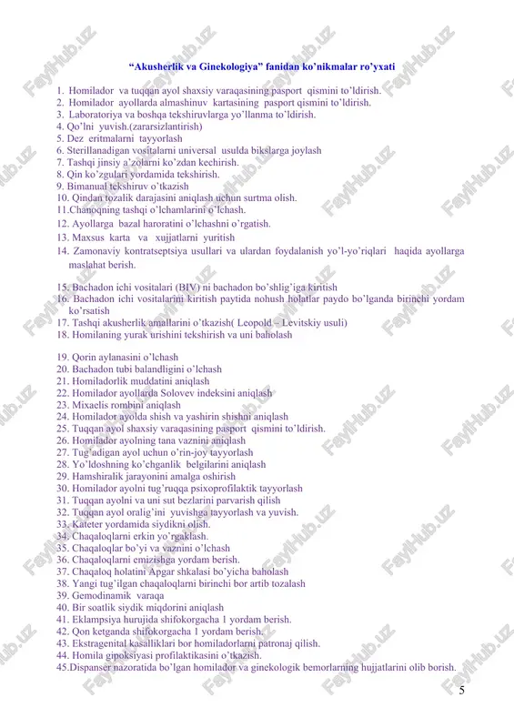 qon bosimini o’lchash 62. pulsni aniqlash 1. homilador va tuqqan ayol shaxsiy varaqasining pasport qismini to’ldirish. kerakli hujjatlar: homilador va tuqqan ayolning sh axsiy varaqasi xom ashyo talab qilinmaydi. bajarish algoritmi: i. ayoldan pasporti yoki shaxsini tasdiqlovchi hujjat so’raladi. ii. hujjat bo’yicha “homilador va tuqqan ayolning shaxsiy varaqasi” ning pasport qismi to’ldiriladi: 1. pasport qismi: familiyasi, otasining ismi, yoshi, ish joyi va kasbi, yashash joyi so’rab yoziladi. 2. shikoyatlar, ya’ni ayolning nima sababdan tibbiy yordam so’rab murojaat qilish asosi. 3. irsiyati va boshidan kechirgan kasalliklari. 4. hayz funktsiyasi. - birinchi hayz ko’rish qaysi yoshda boshlangan; - hayz ko’rish turi - jinsiy hayot boshlagandan keyin, tug’ruq yoki abortlardan so’ng hayz ko’rishdagi o’zgarishlar; - oxirgi hayzning muddati. 5. jinsiy va sekretor funktsiya. bunda jinsiy a’zolardan chiqayotgan ajralma xarakteri, og’riqlar bor-yo’qligi. 6. bola tug’ish funktsiyasi. bunda quyidagilarga e’tibor qilinadi: - necha marta homilador bo’lgan; - oldingi homiladorlikning kechishi va tugallanishi. 7. jinsiy hayot …