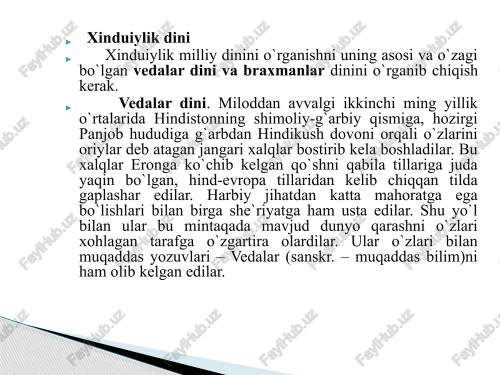 elementlarini, braxmanizm, buddizm va jaynizmning asosiy g'oyalarini qamrab olgan. . h i n d u i z m hinduiylik ko`pxudolik dini bo`lib, unda braxmanlikdagi asosiy uch xudo tan olinadi; 1) koinotning yaratuvchisi bo`lgan braxma 2) dunyo nizomini ushlab turuvchi vishnu 3) koinotni halok qilish qudratiga ega shiva. braxmanlikda tan olingan uch asosiy hudo braxma vishnu shiva hinduizmda trimurti (uchlik) – braxma, vishnu, shiva xudolari asosiy xudolar sanalib, braxma ularning eng kattasi – dunyoni yaratgan xudo hisoblanadi. biroq, hinduizmda faqatgina vishnu va shivagagina sig’inadilar. shunga binoan, hinduizm ikki asosiy oqimga bo’linadi: shivaga sig’inuvchilar va vishnuga sig’inuvchilar. trimurti (uchlik) braxma vishnu shiva hinduizmdagi asosiy oqimlar shivaga sig’inuvchilar vishnuga sig’inuvchilar shiva oddiy xalq ommasi – kambag’allarning ilohiyati hisoblanadi. u rigvedaning birinchi nusxalarida rudra nomi bilan zikr etilgan. atxarvavedada rudraning roli oshib boradi. yajurvedada rudra agni timsolida berilgan. u ishana, ishvara, maxadeva (buyuk xudo) nomlari bilan ham ataladi. vishnu – hozirgi hindiston panteonida birinchilik …