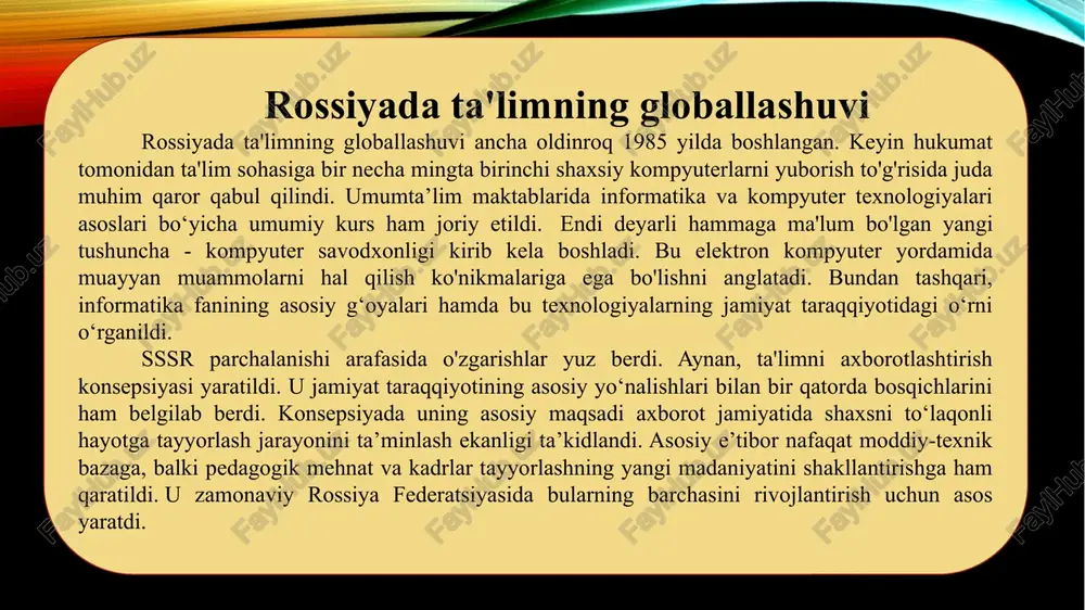global daraja; · jahon hamjamiyatining zamonaviy sharoitda yangi global qadriyatlarni - umuminsoniy madaniyat qadriyatlarini shakllantirishga intilishi, ular orasida kuchli va boylarning kuchi emas, balki insonparvarlik, bag'rikenglik, vakillarga hurmat yetakchi bo'lishi kerak. boshqa madaniyatlar, millatlar, irqlar, dinlar, ular bilan hamkorlik qilish moyilligi, ekinlarni o'zaro urug'lantirishda; · g'arb sivilizatsiyasining insoniyatning iqtisodiy, ilmiy, texnik va siyosiy hayotidagi hukmron mavqei bilan bog'liq bo'lgan ma'naviy qadriyatlarning g'arbiylashishi (amerikalashuvi). 8 globallashuv – asrlar va hatto ming yillar davomida davom yetib kelayotgan butun dunyo taraqqiyotining yo‘nalishi [4]. yigirmanchi asrda bu jarayon ilmiy-texnikaviy inqilob tufayli yangi bosqichga ko'tarildi. ba'zi tadqiqotchilar “globallashuv” atamasini “xalqarolashuv” va “o'zaro bog'liqlik” tushunchalari bilan bog’liqlikda ifodalashadi. globallashuv xalqaro munosabatlarning yangi bosqichidir. ta’lim ham bundan chetda qolmaydi. bu nimani ifodalaydi? ta’limning globallashuvi deganda bir-biriga kirib boradigan va o'zaro bog'liq bo'lgan keng ko'lamli tuzilmalar va jarayonlar tushuniladi. boshqacha qilib aytganda, ular bitta butunlikni yaratadilar, unda har qanday mahalliy hodisa boshqa qismlarda sodir bo'layotgan voqealarga ta'sir qiladi. …