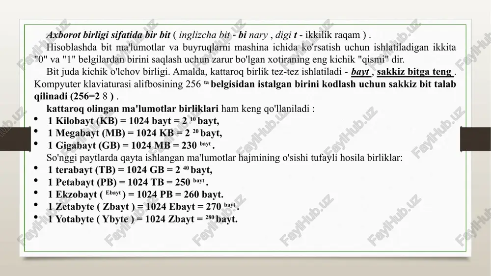 yozilgan. ii avlod kompyuter texnologiyalarining ikkinchi avlodi - 1955-65 yillarda ishlab chiqarilgan mashinalar. 1958 yilda 1948 yilda uilyam shokli tomonidan ixtiro qilingan yarimo'tkazgichli tranzistorlar kompyuterlarda ishlatilgan, ular ishonchli, bardoshli, kichikroq, ancha murakkab hisob-kitoblarni amalga oshirishi mumkin edi va katta ramga ega edi. 1 tranzistor ~ 40 vakuum trubkasini almashtirishga muvaffaq bo'ldi va yuqori tezlikda ishlaydi. tezlik - soniyada yuz minglab operatsiyalargacha. yuqori darajadagi tillar paydo bo'ldi. operatsion tizimlar keldi iii avlod uchinchi avlod mashinalari taxminan 60-yillardan keyin yaratilgan. element bazasi - integral mikrosxemalar (mikrosxemalar) oila ichidagi mashinalarning tezligi soniyada bir necha o'n minglab operatsiyalardan millionlab operatsiyalargacha o'zgarib turadi. yagona arxitekturaga ega mashinalar oilasi paydo bo'ldi, ya'ni. dasturiy ta'minotga mos keladi es kompyuteri sm kompyuteri iv avlod to'rtinchi avlod - 1970 yildan keyin ishlab chiqilgan kompyuter texnikasi avlodi. birinchi marta katta integral mikrosxemalar (lsi) qo'llanila boshlandi, ular quvvati taxminan 1000 icga to'g'ri keladi. bunday mashinalarning tezligi sekundiga bir necha o'n millionlab …
