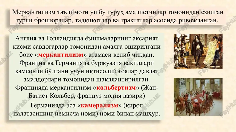 si qayd etib qo'yilgan ingliz pullariga almashtirishlari zarur bo'lgan. 3. angliyaga tovar olib kirgan xorijliklar angliyani tark etayotganlarida barcha pullarini tovar olish uchun sarflashlari shart bo'lgan 4. oltin va kumush konlarini izlash, ishga tushirish rag'batlantirilgan. b. oltin va kumush tangalarning mamlakatdan chiqib ketishini taqiqlash 1. importni taqiqlash. 2. chaqalarni ishdan chiqarish. tanga qadrini pasaytirish. 3. pullar va qimmatbaho metallardan yasalgan buyumlarni olib chiqish taqiqlangan. masalan, angliyada 1543-1551 yillarda tangalar tarkibida kumush ulushi 37/40 nisbatdan ¼ nisbatgacha pasaytirilgan. rivojlangan merkantilizm (savdo balansi siyosati)ga o'tish shart-sharoitlari monetarizmni “nol summa”dan o'yin boshlash strategiyasiga o'xshatish mumkin. bir mamlakatning boyishi albatta boshqa mamlakatning qashshoqlashi hisobiga yuz beradi. ushbu strategiya iqtisodiy o'sish sur'ati nolga yaqin, an'anaviy iqtisodiyotga asoslanadi. angliya sanoat siyosati milliy boylikni ichki resurslar hisobidan uzoq muddatli davrda ko'paytirish yo'liga o'tdi. angliyada 1551-1651 yillarda ko'mir qazib chiqarish 14, temir 3, qo'rg'oshin, rux, tuz esa 6-8 martga ko'paydi. 1. manufaktura sanoatining rivojlanishi 2. manufakturaning jadal sur'atlarda …