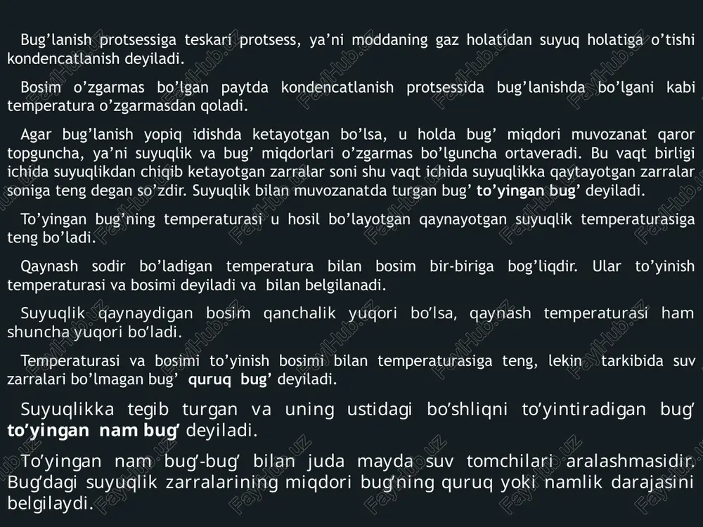 larida issiqlik alamashinuvi qurilmalarida ishchi jism issiqlik tashuvchi suv bug’i turlari to’yingan bug’ to’yinmagan bug’ quruq bug’ nam bug’ o’ta qizigan bug’ suyuglik va bug’ dan iborat sistemaning fazoviy py diagrammasi, suv va bug’ solishtirma hajmining, bbosimga bog’ liqlik grafigidan iborat. suv temperaturasi 0° § va basimi p bo'lganda salishtirma hajmi @ bo'sin (1- rasm), bu holat a: nugtaga mos keladi ‘agar o’zgarmas p, bosimda suvga issiqlik bersak, suvning solishtirma hajmi va ternperaturasi artib horadi, suvning temperaturasi p, bosimga mos t=t, bo’lgan by nugtada qaynash boshlanadi, bu vagtda wx kr | 3600 < ‘ 2 t t ay 2700 | lo r 1800 } | tt ie) f * ts , z 900 l a 6 tty" ea 0, 0 | ao 15 30 4s 6,0 ray go : x 4 x bosim. dalston qonuniga ko'ra nam havo bosimi quruq havo va suv bug'ining portsial bosimlari yig'indisidan iborat p=pq, +p …