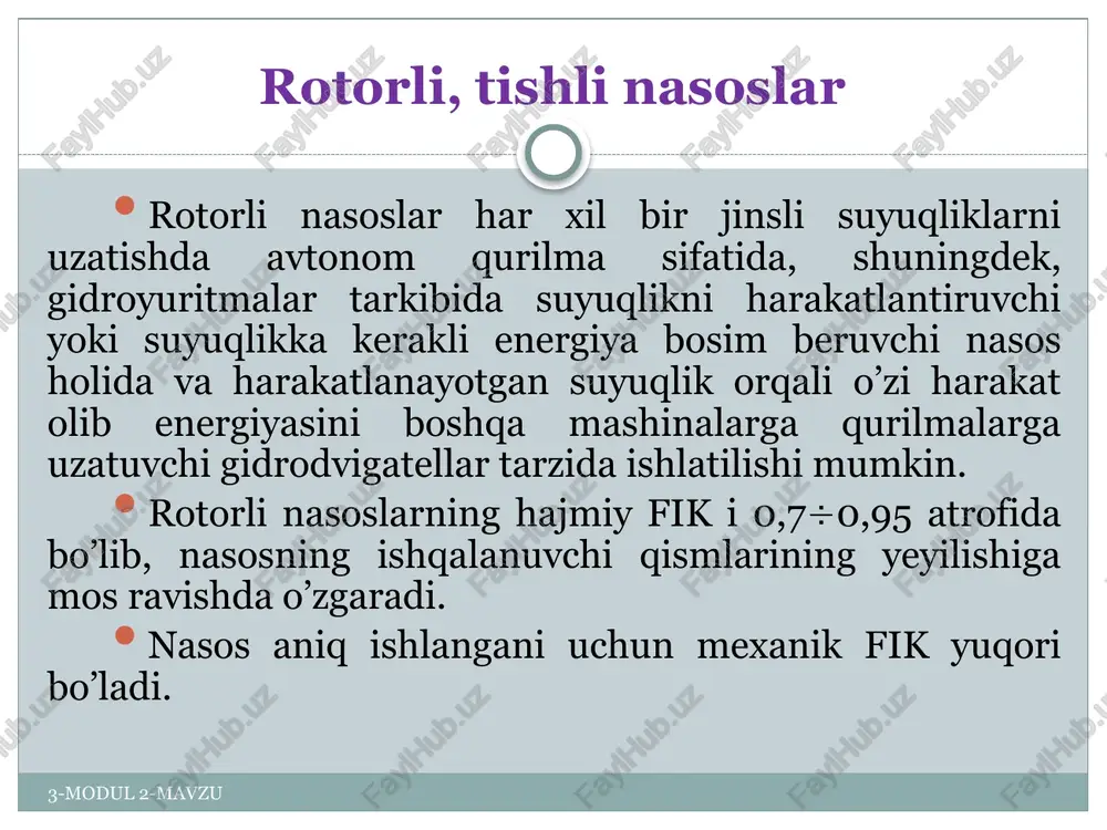 l 2-mavzu bir harakatli rotorli–plastinkali nasoslarning kamchiligi podshipniklarga tushadigan bir tomonlama katta zo’riqishning mavjudligidir. bu kamchilikni yo’qotish uchun ikki xarakatli rotorli–plastinkali nasoslar qo’llaniladi. ularda rotor va podshipniklar ortiqcha zo’riqishsiz ishlaydi. ikki harakatli nasoslarda so’rish 2 marta katta va o’zgarmas miqdorga ega bo’lib, rotorning buralish burchagiga bog’liqmas. chunki bir kameradan ikkinchisiga uzatish shundan bajariladiki, istalgan daqiqada nasosning umumiy so’rishi bir xil bo’ladi. rotorli nasoslar nisbatan kichkina sarfda (5 dan 200 l/min gacha) va yuqori bosimda (70 at 7•106 h/m2 gacha) moy va boshqa suyuqliklarni uzatishda ishlatiladi. bu moy va suyuqliklar nasosning harakatlanuvchi qismini moylovchi va nasos ichki yuzalaridan korroziyani yo’qotuvchi vazifasini ham o’taydi. plastinkali nasoslardan benzo-nasos sifatida, metall kesuvchi stanoklarda, aviasiyada ham foydalaniladi. 3-modul 2-mavzu plastinali nasoslarning asosiy parametrlari. plastinkali nasoslar uchun ish hajmini hisoblashga doir chizma plastinkaning ish qismi rotor dφ burchakka aylanganda so’rish bo’shlig’idan haydash bo’shlig’iga uzatilgan suyuqlik hajmi. bunda b – rotorning eni; r – rotorning radiusi. (18.10) …