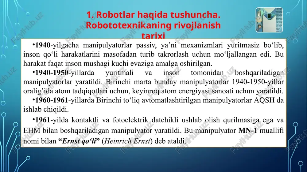 rpoint prezentatsiya powerpoint false false false 16.0000 prezentatsiya powerpoint admin admin 94 2021-09-17t03:54:08z 2021-10-27t06:47:32z po6ot-mahunynsatop kuhematuyeckan cxema forlower mb (ghoge sess) 3 -ma’ruza : robotlar haqida tushuncha va robotlarning umumiy sinflanishi reja : 1 . robotlar haqida tushuncha. robototexnikaning rivojlanish tarixi. 2. robot boshqaruviga inson aralashuvi darajasi bo‘yicha sinflanishi . 3. bajarayotgan vazifasi turi bo‘yicha robotlar ning sinflanishi . ma’ruzachi : “micha” kafedrasi stajyor-o‘qituvchisi marasulov i.r. 1. robotlar haqida tushuncha. robototexnikaning rivojlanish tarixi 1. robotlar haqida tushuncha. robototexnikaning rivojlanish tarixi 1. robotlar haqida tushuncha. robototexnikaning rivojlanish tarixi robotlarning hozirgi vaqtda 3 avlodi bor : 1-avlod robotlari – birinchi sanoat robotlari . faqat boshqarish dasturlariga ega belgilangan vazifani bajaruvchi robotlar ; 2-avlod robotlari – boshqarish dasturi va sensorlarga bilan jihozlangan hissiyotga ega , tashqi ta’sirlarga moslashuvchan robotlar ; 3-avlod robotlari – boshqarish dasturi , sensorlar tizimi va sun’iy intellektga ega intellektual robotlar . robotlarning sinflanishi 2. robot boshqaruviga inson aralashuvi darajasi …