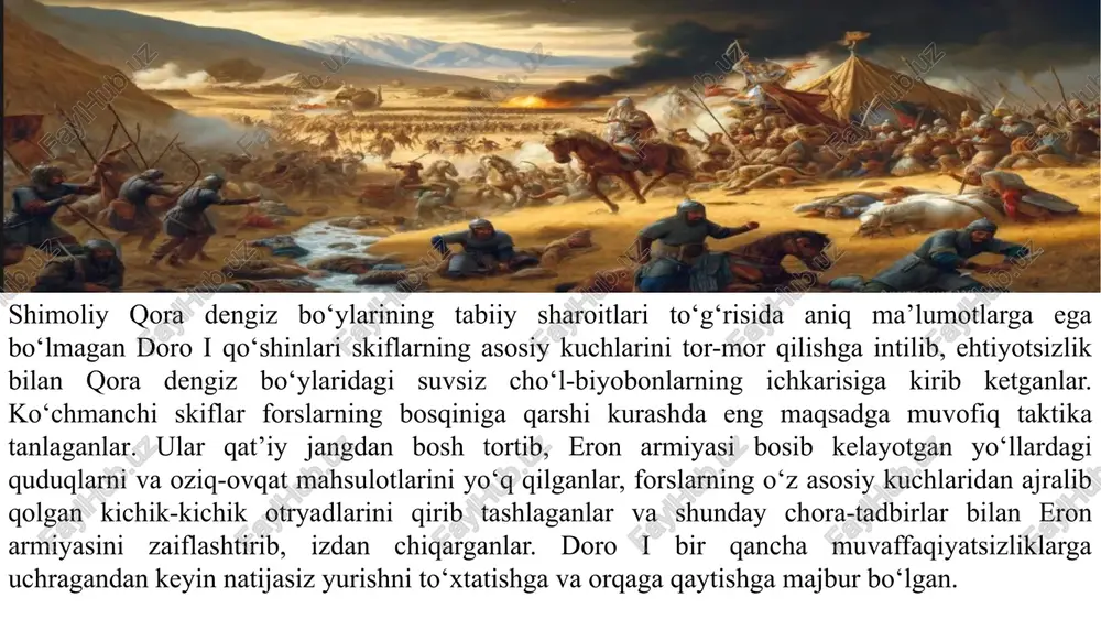 oqlarni xonavayron qilib, egey dengizining frakiya sohili bo‘ylab harakat qilgan. harbiy-dengiz floti esa bo‘ylab borgan va yo‘l-yo‘lakay fasos orolini zabt etgan. frakiya va makedoniya qabilalari jon-jahdlari bilan o‘zlarini mudofaa qilganlar va xalkida yarim oroliga yetib kelganlar. eron qo‘shinining harakatlari yuzasidan cho‘chigan va shimoliy akte burni (hozirgi afon) yaqinida dengizda halokatga uchragan. bu yerda ko‘pgina kemalar qirqilib ketgan. natijada mardoniy gretsiyaga yetmasdan, o‘zining dengizdagi va quruqlikdagi qolgan-qutgan qo‘shilari bilan chekinishini majbur bo‘lgan. eronning hukmron doiralarining fikricha, (kutilmagan tabiiy ofat oqibatida to‘xtab qolgan) harbiy namoyish yunon polislarini dahshatga solishi lozim edi va haqiqatan ham dahshatga solgan. doro i mardoniy chekingandan keyin gretsiyaga elchilar yuborgan va forslarga yer va suv berishni, ya’ni eron davlatining o‘z ustlaridan hukmronligini tan olishni talab etgan. ko‘pchilik yunon shahar-davlatlari bu talabni bajarganlar va forslarga rasman bo‘ysunganlar. fessaliya va beotiyaning ayrim polislarida mahalliy aristokratiya hatto hukmronligini saqlab qolish uchun eron yordamiga umid ham bog‘lagan. o‘sha vaqtda eng kuchli bo‘lgan …