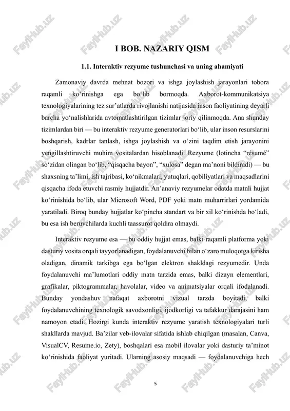 jarayoni ham o‘ziga xos bosqichlarga ega: ma’lumotlarni yig‘ish, dizayn shablonini tanlash, vizual elementlarni joylashtirish, ko‘nikma darajasini baholovchi grafik indikatorlarni qo‘shish, va yakuniy rezyumeni eksport qilish. bunday jarayon foydalanuvchidan kam vaqt talab qiladi, ammo natija professional darajada bo‘ladi. o‘zbekiston respublikasi prezidenti shavkat mirziyoyev o‘z nutqlarida bir necha bor raqamli iqtisodiyot va innovatsion texnologiyalarni rivojlantirish zarurligini ta’kidlab kelmoqdalar. jumladan, u kishi shunday degan edilar: “raqamli texnologiyalarni joriy etish — bu shunchaki qulaylik yaratish emas, bu iqtisodiyotimizni yangi bosqichga olib chiqish, har bir fuqaroga o‘z salohiyatini to‘liq namoyon etish imkonini berishdir.” bu fikrlar interaktiv rezyume generatori kabi loyihalarning ahamiyatini yanada oshiradi. chunki bunday tizimlar nafaqat ish izlayotgan shaxslar, balki butun jamiyat uchun foydalidir. birinchidan, ular yoshlarning bandligini oshiradi, ikkinchidan esa raqamli ko‘nikmalarni shakllantiradi. shuningdek, interaktiv rezyumelar o‘zida axborot madaniyatini, vizual savodxonlikni va shaxsiy brend yaratish g‘oyasini mujassam etadi. an’anaviy hujjatlardan farqli o‘laroq, bunday rezyumelar foydalanuvchini eslab qolish oson bo‘lgan, o‘ziga xos tarzda taqdim …