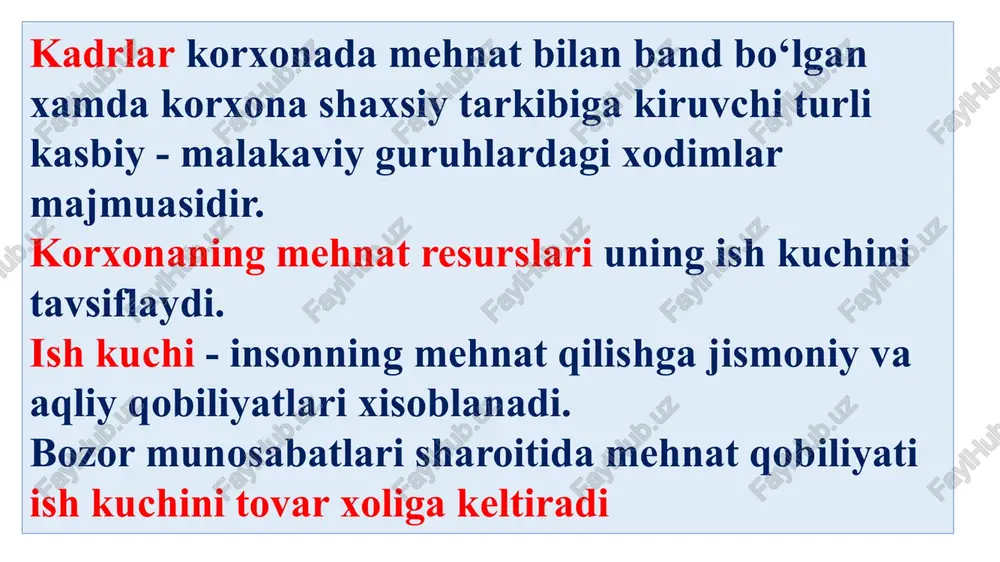 llarni ham bilish zarurdir. ishlab chiqarish samaradorligini oshirishga bir qancha omillar ta’sir qiladi: 1. ilmiy-texnik taraqqiyotni tezlashtirish va uning natijalarini tezlik bilan ishlab chiqarishda qo‘llash. 2. ishlab chiqarishni ratsional joylashtirish, ixtisoslashtirish va kooperatsiyalash. 3. iqtisodiyotning tarkibiy qismlarini va uning tashkiliy bo‘g‘inlarini o‘zgartirish. 4. ishlab chiqaruvchilarni rag‘batlantirish va ularning faolligini oshirish. 5. mavjud tabiiy, moddiy va mehnat resurslaridan oqilona, tejab-tergab foydalanish, yangi, arzon, sifatli xomashyo va energiya turlarini, ekinlarning yangi hosildor navlarini, chorva mollarining mahsuldor zotlarini topib ishlab chiqarishga joriy qilish. 6. kishilarning bilim saviyasini, malakasini oshirish, yetuk ishchi va mutaxassislar tayyorlash. mehnat unumdorligi ma’lum ish vaqti birligi mobaynida ishlab chiqarilgan mahsulotning miqdori yoki mahsulot birligini ishlab chiqarish uchun sarflangan ish vaqti bilan o‘lchanadi. mehnat unumdorligining o‘zgarishi tovar birligi qiymatining o‘zgarishiga sabab bo‘ladi. mehnat unumdorligi o‘ssa, tovar birligining qiymati kamayadi yoki aksincha, mehnat unumdorligi pasaysa, tovar birligining qiymati oshadi. 4. sanoat korxonalarida ish haqini tashkil qilish korxonalarda mexnatga xaq to‘lashni oqilona …