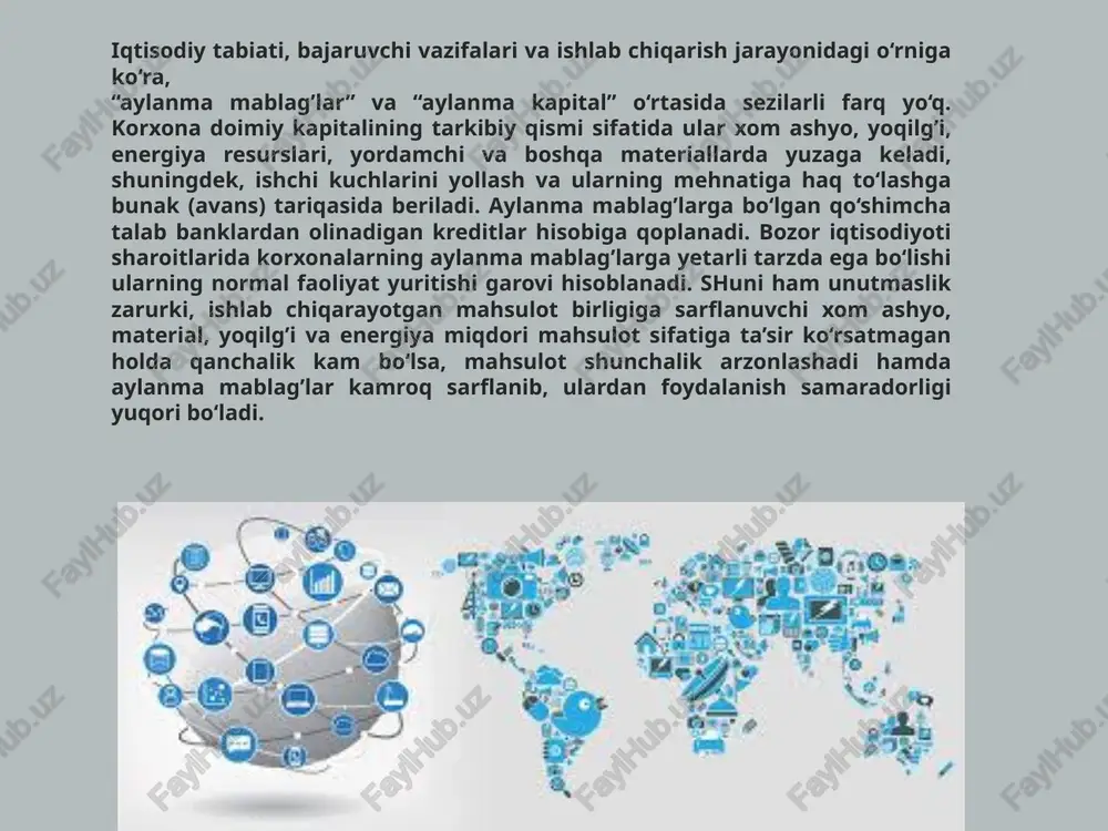 ormalariga bog’liq bo‘ladi. 3. aylanma mablag’laridan foydalanish ko‘rsatkichlari aylanma tuzilmalarni rejalashtirish va boshqarishning hozirgi paytdagi amaliyotida ushbu mablag’larning tarkibi va tuzilmasini baholash va tahlil qilishga, shuningdek, ularning funktsional roli va harakatiga katta ehtibor qaratiladi. aylanma ishlab chiqarish fondlari korxona aylanma mablag’larining eng faol qismi bo‘lsa, muomala fondlari ishlab chiqarish jarayonida bevosita ishtirok etmaydi hamda yangi iste’mol qiymatini yaratmaydi. bu yerda umumiy qoida shundayki, aylanma mablag’lar doimo aylanishda bo‘lishi zarur - ularning samaradorligi va korxona iqtisodiyotiga ta’siri aynan shunda ko‘zga tashlanadi. aylanma ishlab chiqarish fondlari korxona aylanma mablag’larining asosiy va salmoqli qismi sifatida o‘z tarkibiga quyidagilarni qamrab oladi: 1. ishlab chiqarish zahiralari – bu ishlab chiqarish jarayonida ishlab chiqarishga kiritish uchun tayyorlangan hamda xom ashyo, asosiy va yordamchi materiallar, yoqilg’i, harid qilinuvchi yarim tayyor mahsulotlar, butlovchi qismlar, qadoqlash va o‘rov materiallari, asosiy fondlarni ta’mirlash uchun ehtiyot qismlar, yoqilg’i-moylash materiallaridan tashkil topuvchi mehnat predmetlari; 2. tugallanmagan ishlab chiqarish va korxonada tayyorlangan yarim …