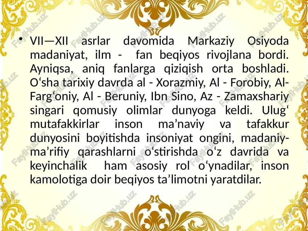 zosining axloqiy qiyofasini belgilovchi muhim fazilatlar sifatida ma’rifiy qadriyatlarimiz tarixida muhim ahamiyatga ega. inson bilimlilik adolat xushxulqlik kasb-hunar ezgulik, yaxshilik , kamtarlik, jasorat, shirinsuxanlik, poklik, vafodorlik, do‘stlik, mehmondo‘stlik eng qadimgi davrlarda insonda ulug‘langan xislatlar image2.png image3.png image4.jpeg image1.jpg etiboringiz uchun rahmat"! /docprops/thumbnail.jpeg