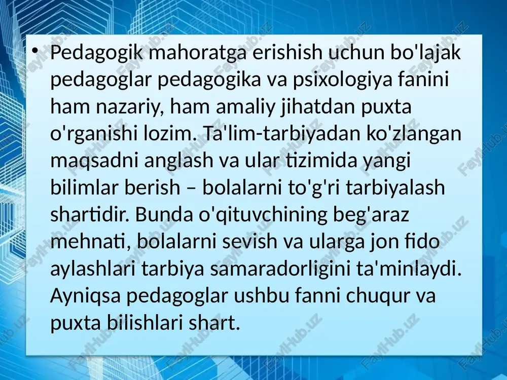 ettirish lozimligini oldindan aytib bera olishda ifodalanadi. 9. diqqatni taqsimlay olish qobiliyati - o'qituvchida diqqatning barcha xususiyatlari – hajmi, kuchi, idora qilinishi, safarbarligi kabilar taraqqiy etgan bo'lishi muhimdir. diqqatni ayni bir vaqtda taqsimlash qobiliyati - o'qituvchilik uchun alohida ahamiyat kasb etadi. xullas, o'qituvchida bu kabi xususiyatlarning mavjud bo'lishi uning pedagogik mahoratini oshiradi va tajribasini boyitadi. perseptiv qobiliyat - idrok jarayonining asosiy tuzilishi birinchi bo'lib, bu idrok ob'ektlarini bilib olish va uni xotira obrazlari bilan solishtirishdan iboratdir. bu qobiliyat o'qituvchining o'quvchilar ko'z qarashlari va yuz ifodalariga qarab ularning ichki dunyosini ko'ra olishida namoyon bo'ladi. bilish qobiliyati - bilimni egallash va uni o'zlashtirishni ta'minlaydi. pedagogik qobiliyatlar faqat pedagogik faoliyat samarali bo'lishining shartigina emas, balki ko'p jihatdan o'qituvchining muvaffaqiyatli ishlashining natijasi hamdir. shu munosabat bilan o'qituvchining o'zida pedagogik qobiliyatlarning aniq maqsadini ko'zlab tarkib topish va rivojlanishi katta rol o'ynaydi. image2.png image3.png image4.png image5.jpeg image6.png image7.jpeg image8.jpeg image1.jpeg pas 9 1s ms } e …