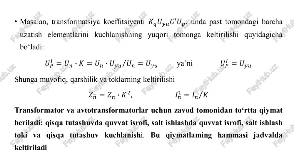 totransformatorlarda induktiv qarshilik aktiv qarshilikdan ko‘p marta kattadir. 𝑋 𝑇 ≫ 𝑅 𝑇 yuhr (yuklangan holda rostlanuvchi) transformatorlarning induktiv qarshiligi transformatorning asosiy shoxobchasidan boshqasiga o‘tkazilganda aktiv qarshilik r t ga nisbatan ancha ko‘p o‘zgaradi. bu holatni tarmoqlarga tegishli elektr hisoblarida e’tiborga olmaslik mumkin, ammo qisqa tutashuv (q.t) tokini hisoblashda nazarda tutish kerak. aktiv o’tkazuvchanlik g t . s alt ishla sh holatida aktiv quvvat isrofi ∆ 𝑃 𝑠 . 𝑦𝑢 = 𝑈 𝑁 2 ∙ 𝐺 𝑇 bo’lsa, unda aktiv o’tkazuvchanlik 𝐺 𝑇 = ∆ 𝑃 𝑠 . 𝑦𝑢 𝑈 𝑁 2 ∆ 𝑃 𝑠 . 𝑖𝑠h kw da, 𝑈 𝑁 − kv da bo’lsa, unda g t aniqlanadi 𝐺 𝑇 = ∆ 𝑃 𝑠 . 𝑦𝑢 10 3 ∙ 𝑈 𝑁 2 , 𝐶 𝑚 reaktiv o’tkazuvchanlik bo’lgani uchun salt yurish (i s.yu %) tokning hammasi o’tkazuvchanlik w orqali oqadi deb qabul qilish mumkin. unda transformatorning magnitlash quvvati (ikkinchi …